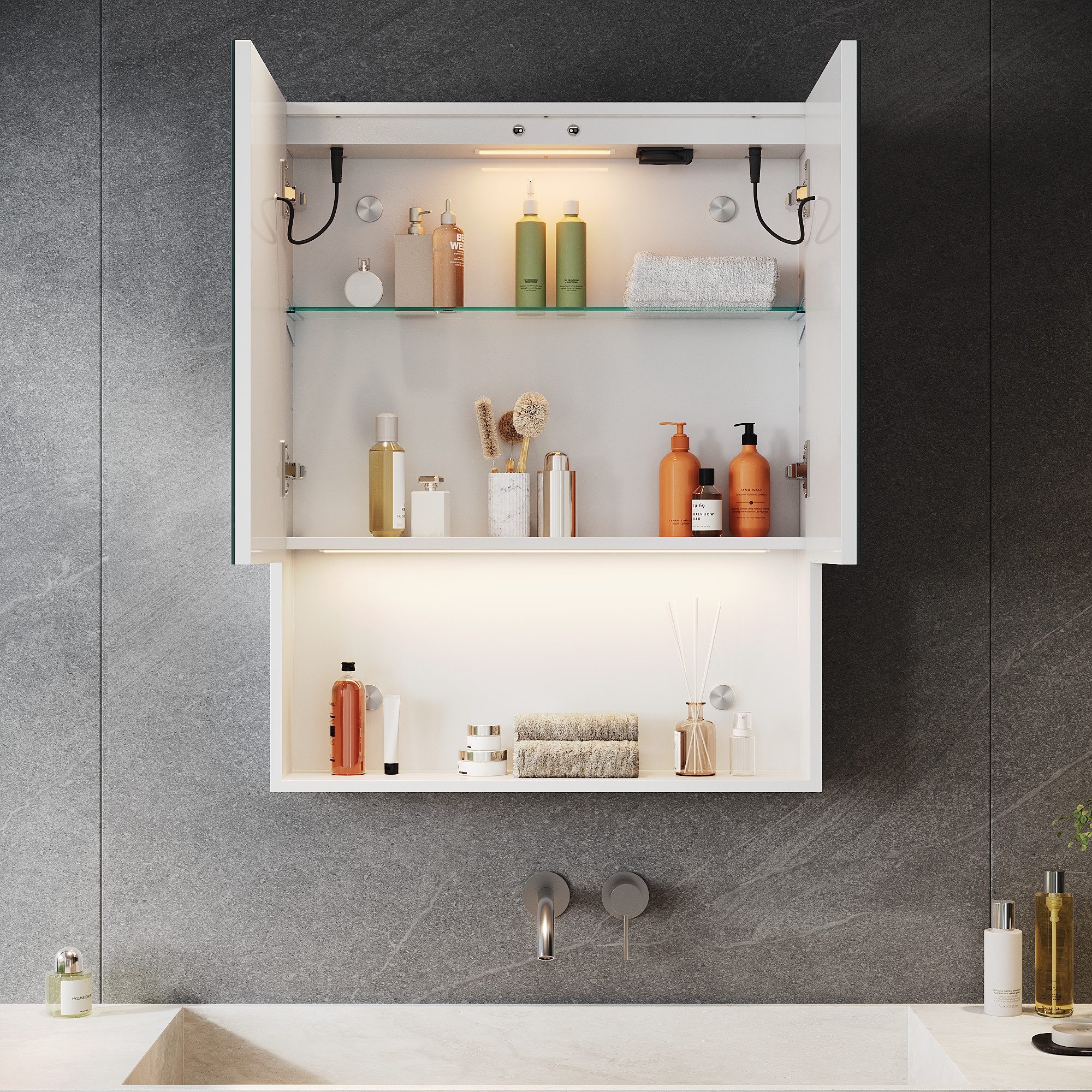 SONNI Badezimmerspiegelschrank Spiegelschrank Hängeschrank 60x75cm zwei offenen Türen und einem Einlegeboden