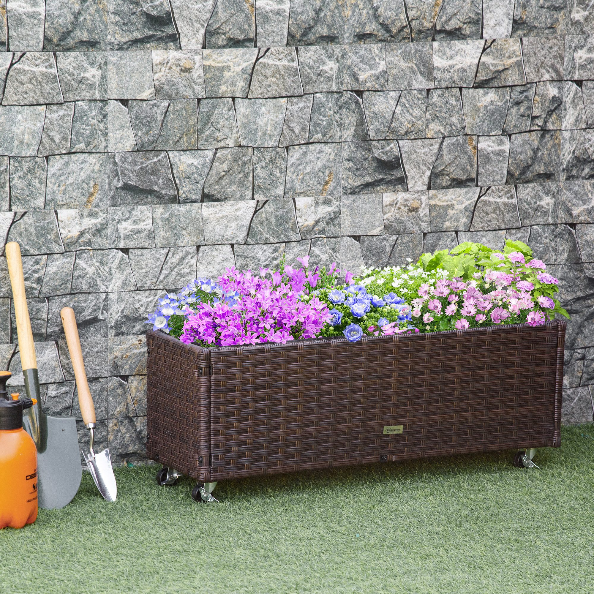 Outsunny Hochbeet Poly Rattan mit Rollen Pflanzkasten mit Abflusslöchern (Gartenmöbel, 1 St., Blumenkasten), Kaffee-Braun 94,5 x 31 x 36 cm