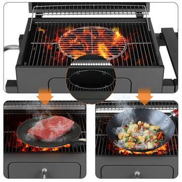 Femor Holzkohlegrill, Grillwagen XXL, Smoker, Holzkohlegrill mit Deckel, Grau