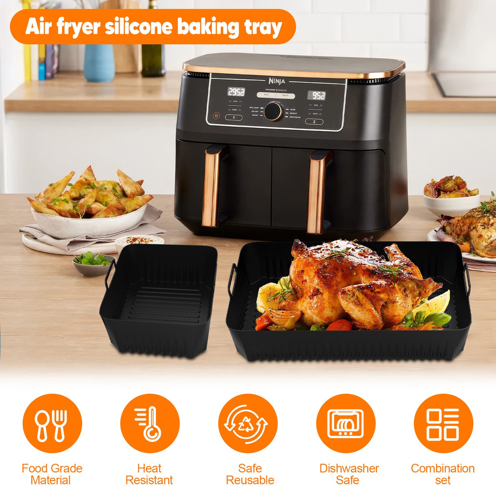 BlingBin Silikonform 3 Stück Heißluftfritteuse Zubehör für Ninja Foodi 10,4 L AF500EU, (3er Set 3-tlg), 10,4L/5,2L Wiederverwendbar Silikonform für Airfryer Ofen Mikrowelle