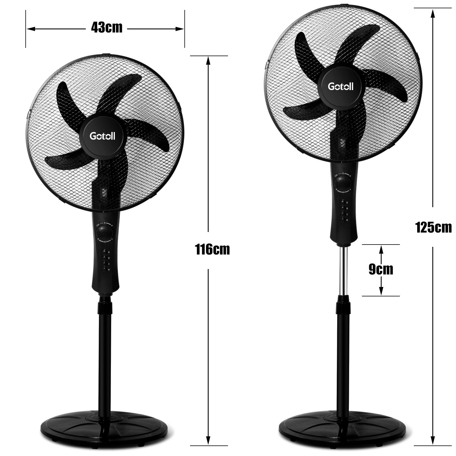 Gotoll Standventilator GLSF609, H Leise Standlüfter Ventilator, 130cm Ø41cm Oszillierender