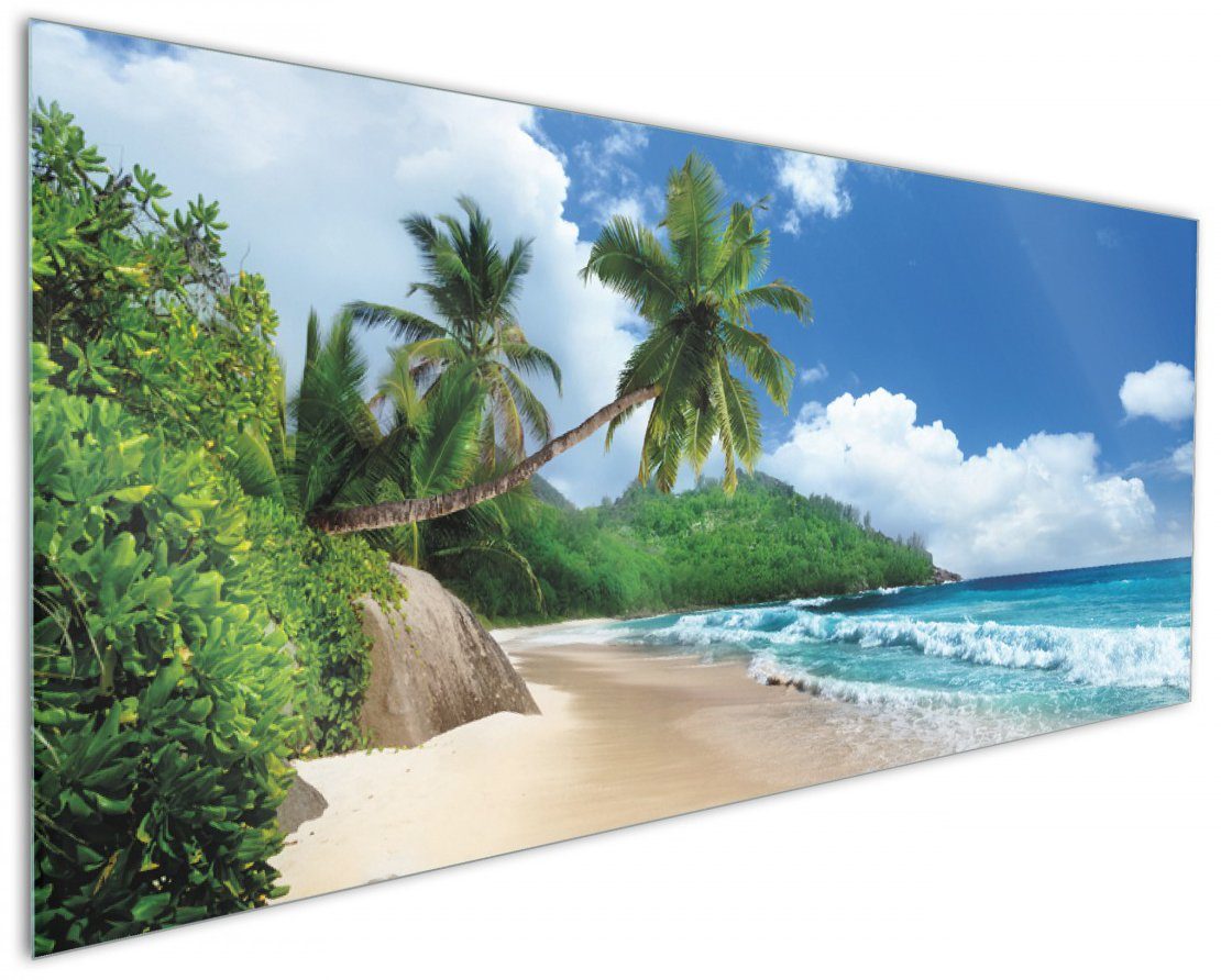 Seychellen unter den am Wallario Urlaub Sandstrand, (1-tlg) Küchenrückwand auf Palmen
