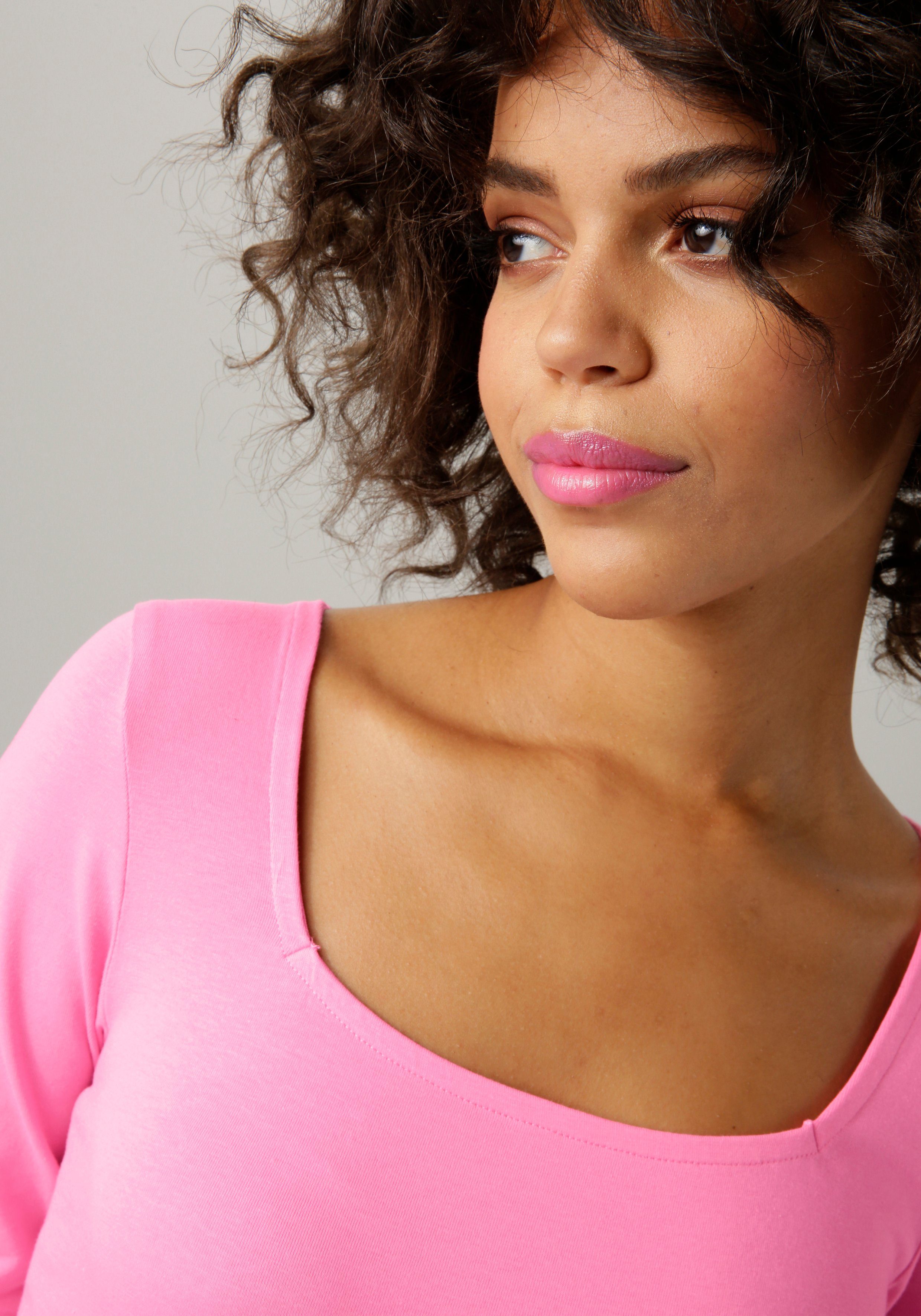 Langarmshirt CASUAL Aniston Karree-Ausschnitt pink mit