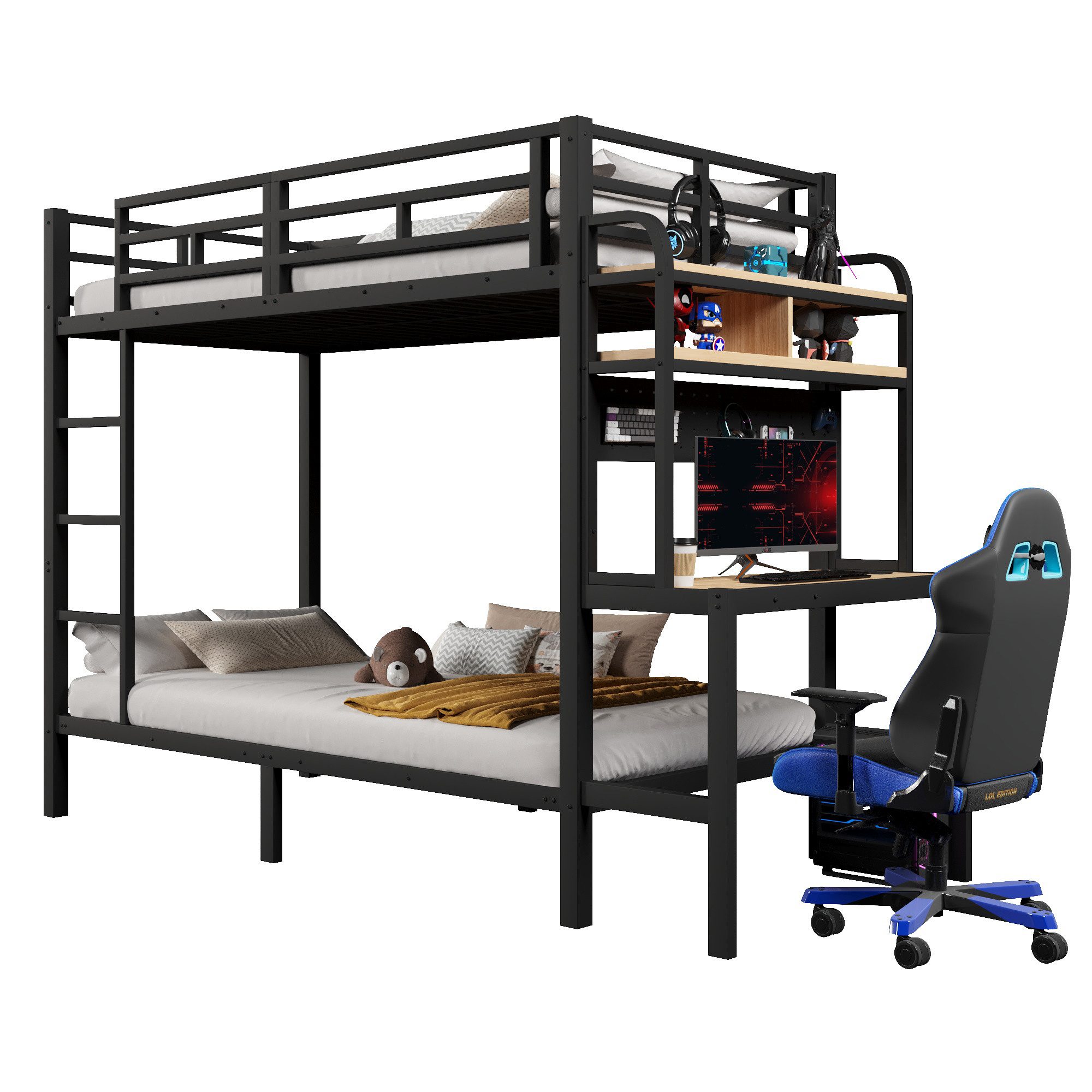 Merax Etagenbett 90x200cm mit LED-Beleuchtung & USB-Anschluss (Jugendbett Stockbett Doppelbett, 1-St), Metallbett Kinderbett mit Schreibtisch Ablagefächern Geländer Leiter