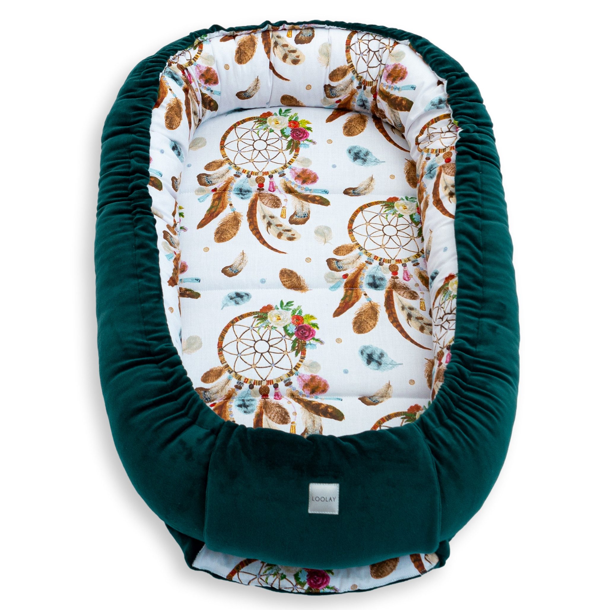 Loolay Kuschelnest BABYNEST SOLO Premium Babyausstattung - Baumwolle & Samt Velours, (MUSTER: GRÜN Samt Velour/ Traumfänger BOHO, 1-tlg., Liebevoll handgefertigt Nestchen! Geborgenheit Komfort für Neugeborene), Premium Ausstattung - 100% Europäische Stoffe und Kleinserien-Nähen!