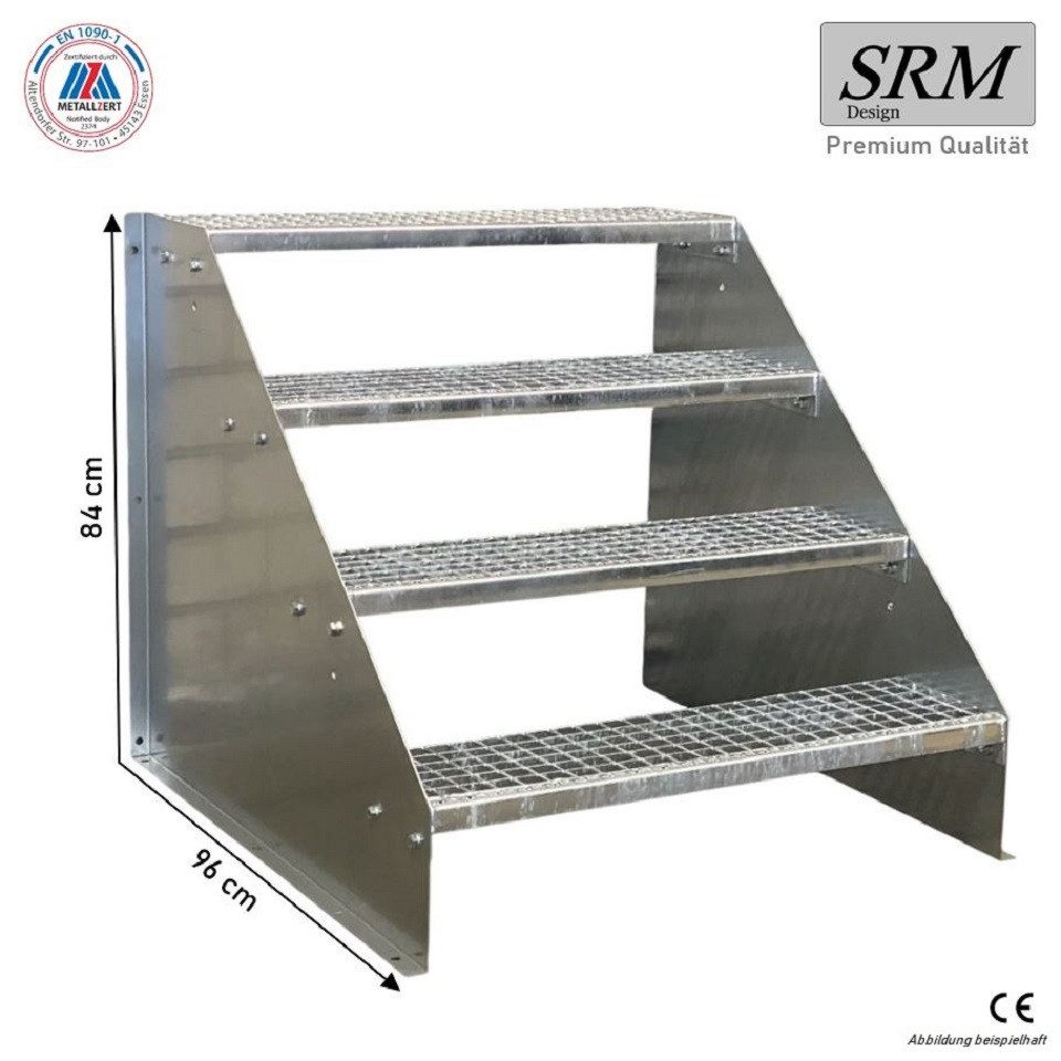 SRM Design Außentreppe 4 Stufen Standtreppe verzinkt, Breite 80cm, Höhe 84cm ohne Geländer