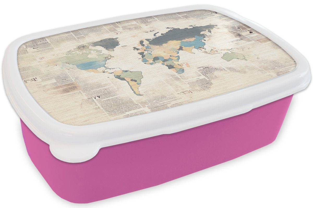 Snackbox, (2-tlg), Lunchbox Weltkarte Brotdose Vintage Brotbox Kunststoff, Kinder, - rosa Pastell, für Kunststoff Mädchen, - MuchoWow Erwachsene,
