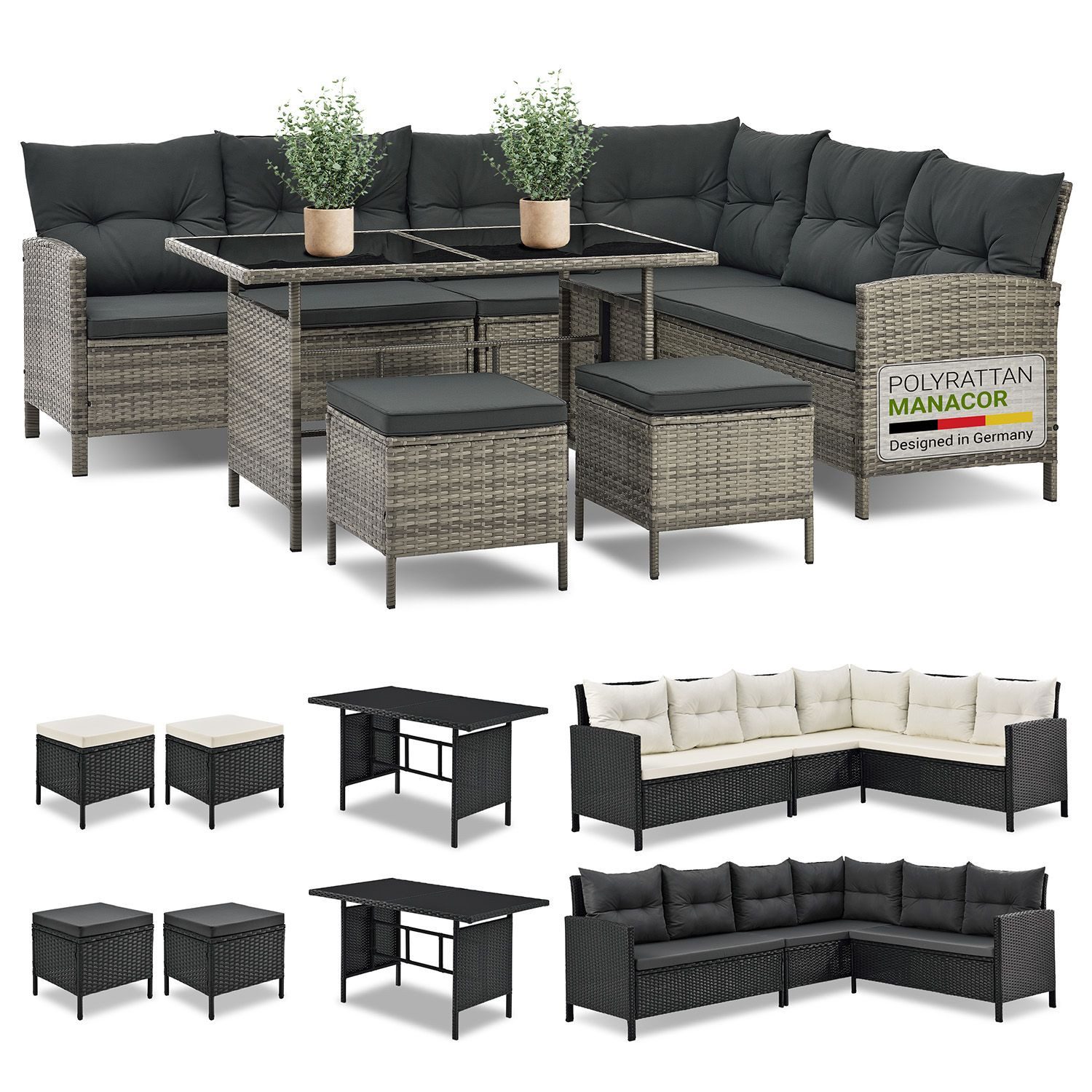 Juskys Gartenlounge-Set Manacor, (Gartenlounge), Polyrattan Gartenmöbel-Set mit Garten-Sofa, Garten-Tisch und 2 Hocker