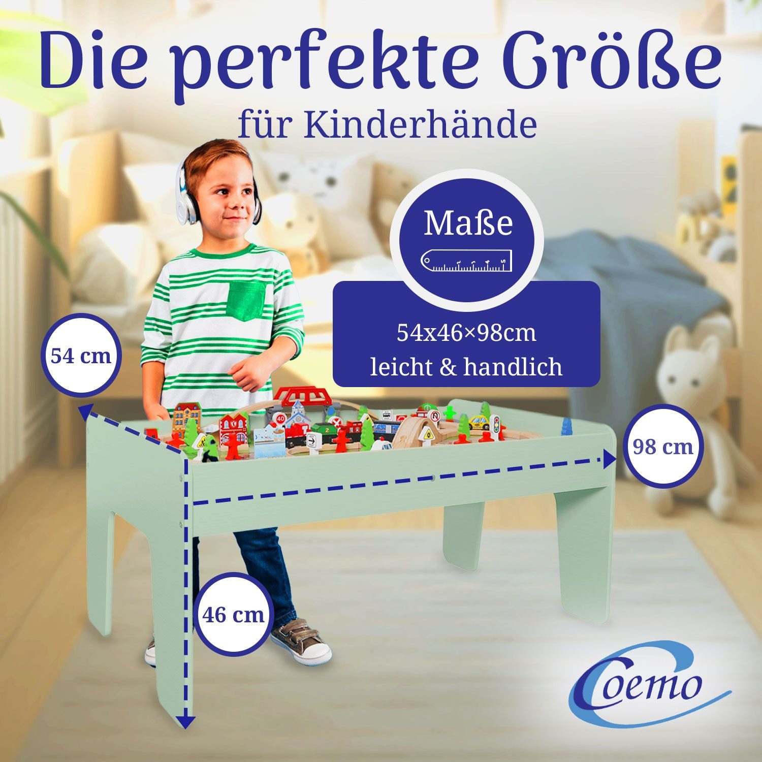 Coemo Spielzeugeisenbahn-Set, Spieltisch Grün für Kinder MDF inkl 90 tlg. Spielzeug Eisenbahn