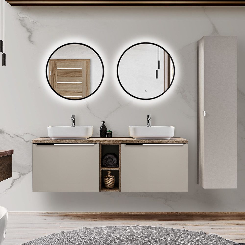 Lomadox Badmöbel-Set PUEBLA-56-TAUPE, (Spar-Set, 9-St), Badmöbel Set in taupe mit Vintage Oak Eiche B/H/T 190/200/46 cm