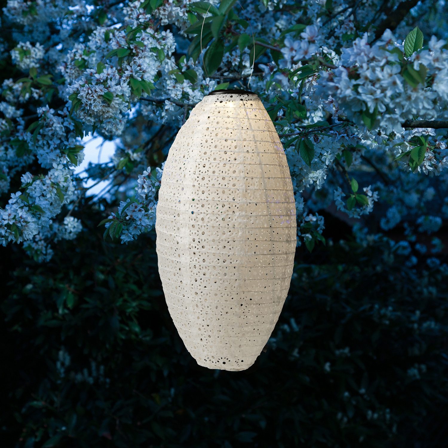 MARELIDA LED Lampion Solar Gartenlampion oval mit Blumenmuster weiß H: 38cm Balkon Terrasse, LED Classic, warmweiß (2100K bis 3000K)