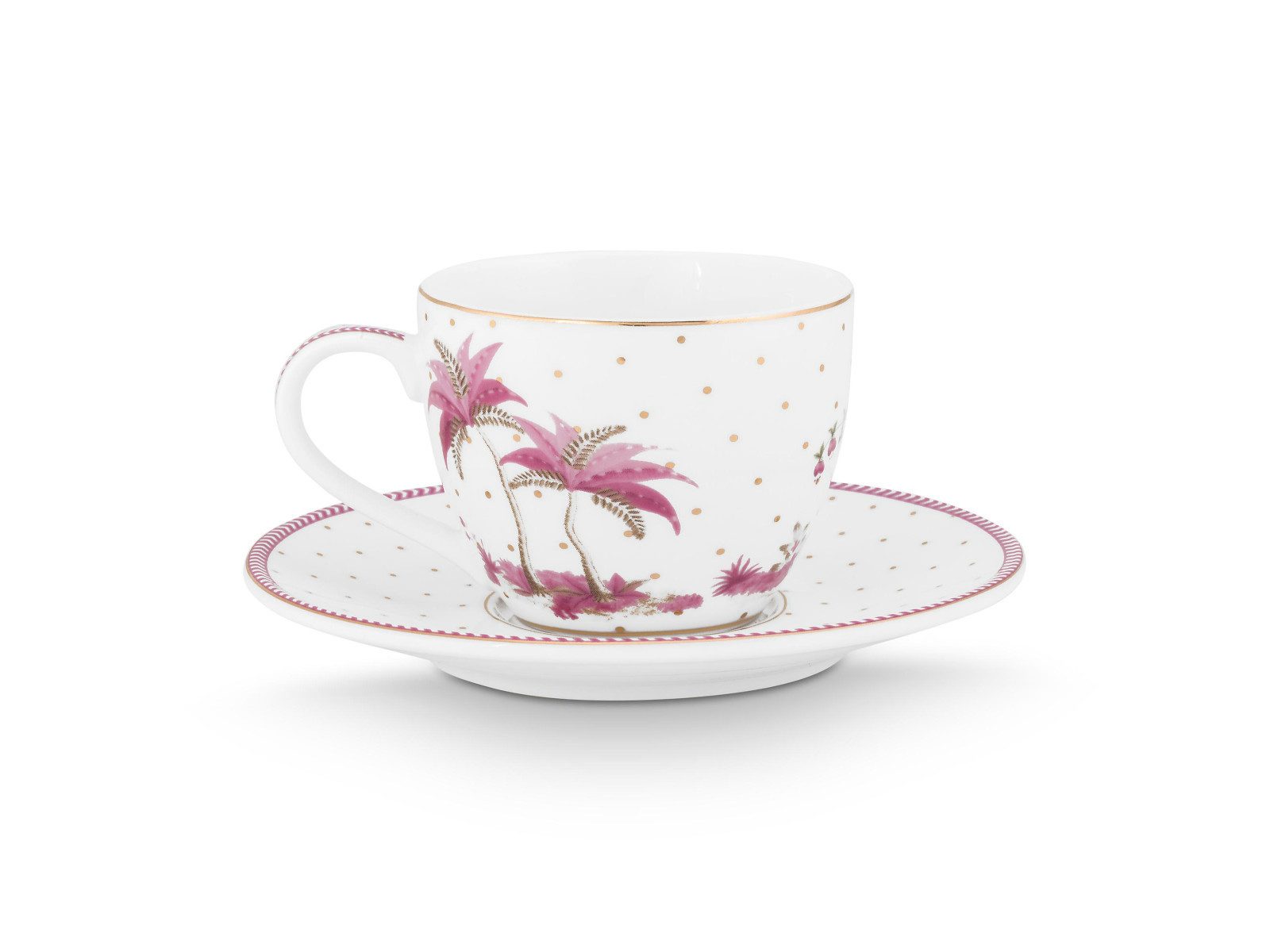 PiP Studio Espressotasse Jolie Dots Gold Pink Espressotasse mit Untertasse 120ml, Porzellan