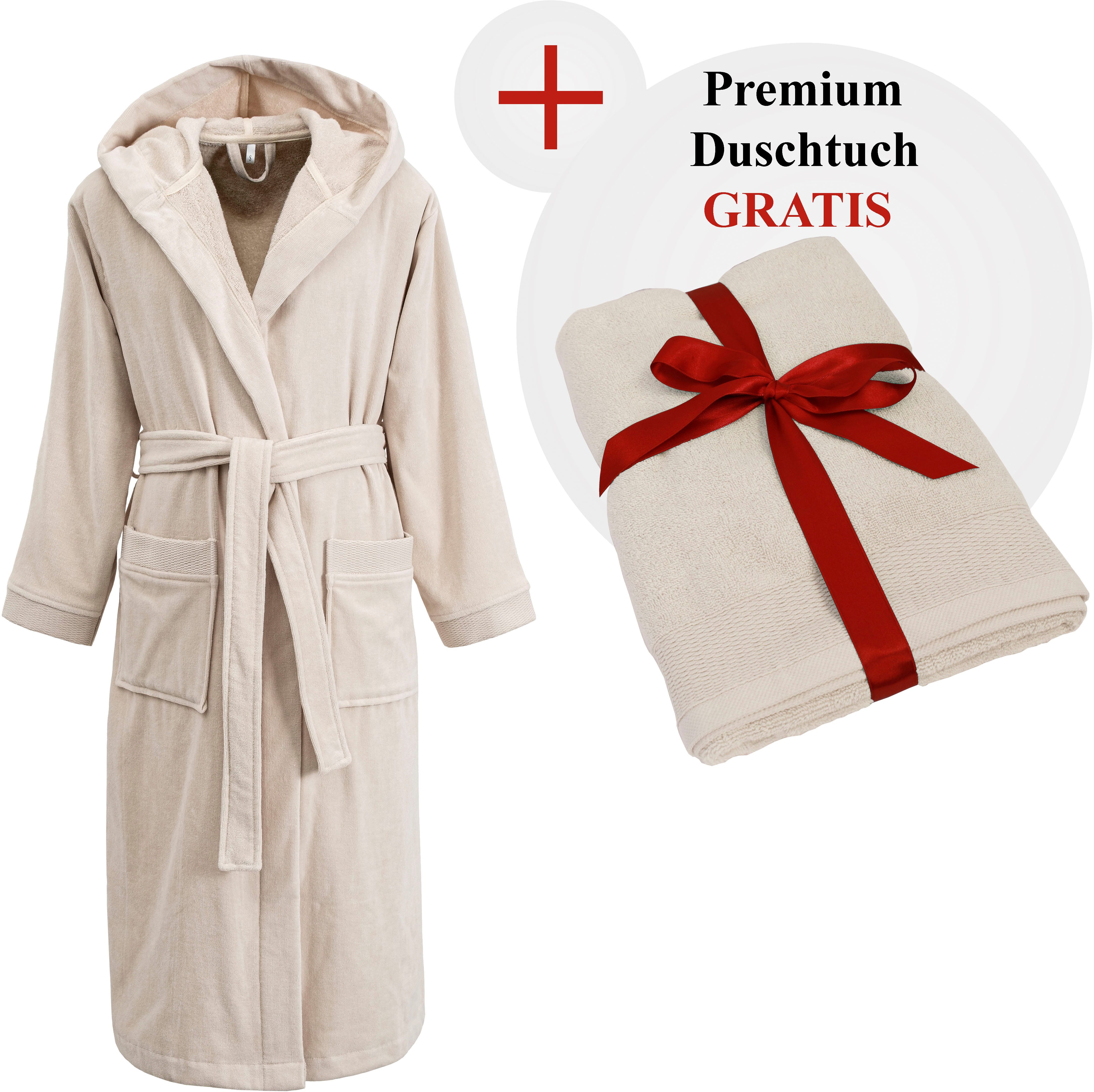 OTTO home Unisex-Bademantel Fenya, 330 g/m², Premium, Hotelbademantel, Morgenmantel, Sauna & Spa, Langform, Veloursfrottier, Kapuze, Gürtel, Reißverschlusstaschen, weich mit GRATIS-Zugabe: 1x Duschtuch 70x140 cm