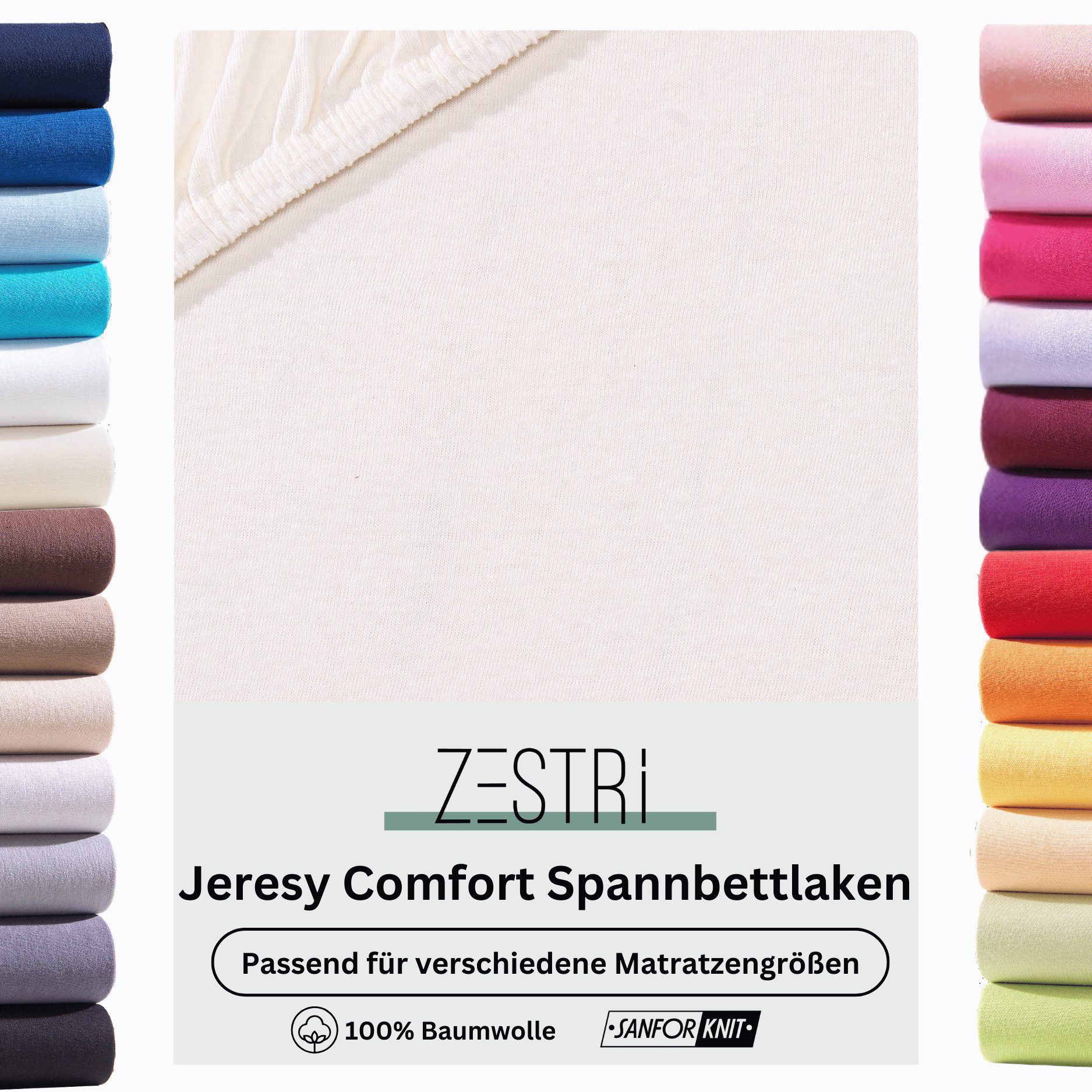 Zestri Spannbettlaken COMFORT Jersey aus 100% Baumwolle, Gummizug: rundum, für Boxspringbett, Wasserbett, Topper, normale Matratzen