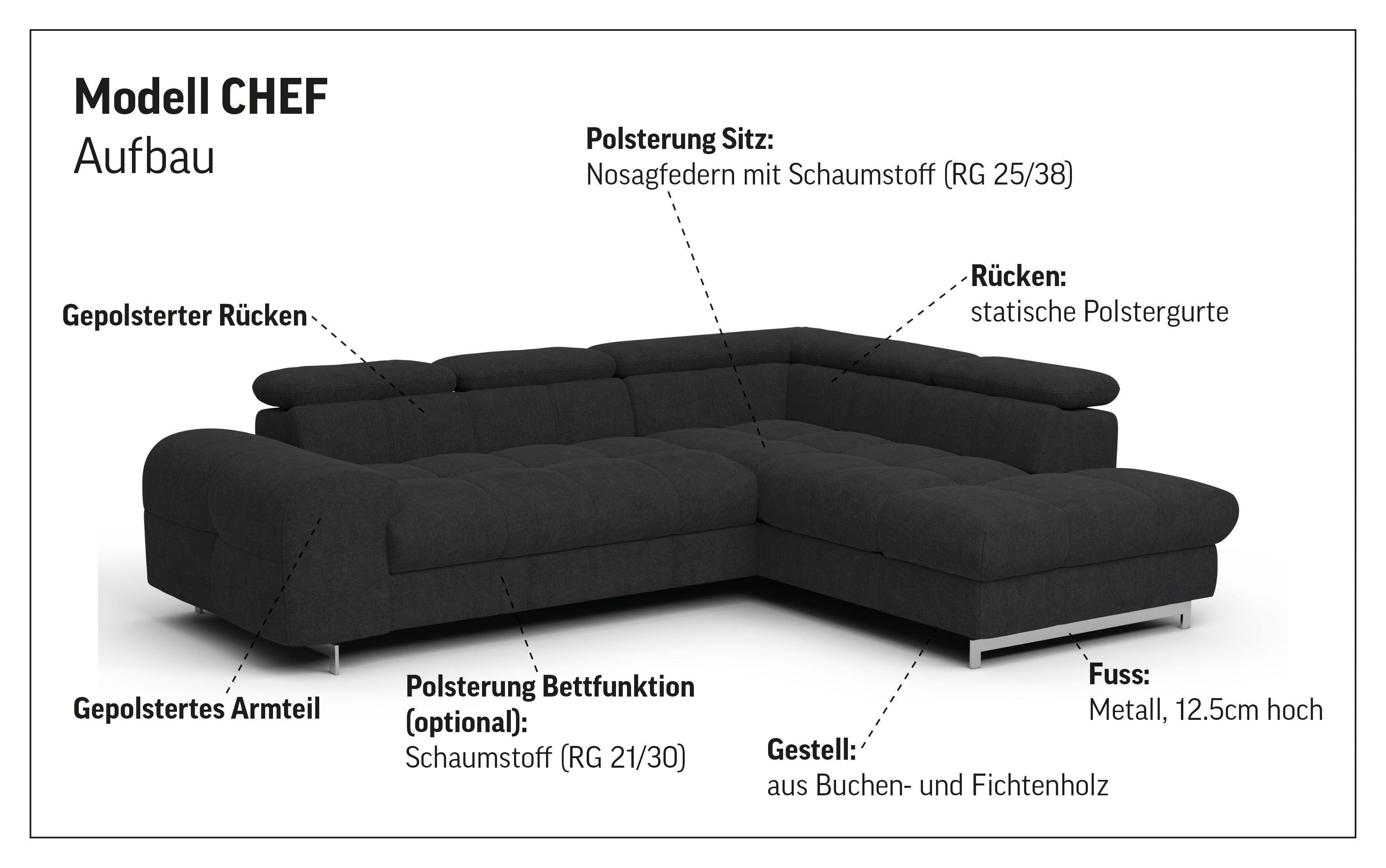 COTTA Ecksofa Chef L-Form, mit Kopfteilverstellung, edle Metallkufen, wahlweise mit Bettfunktion