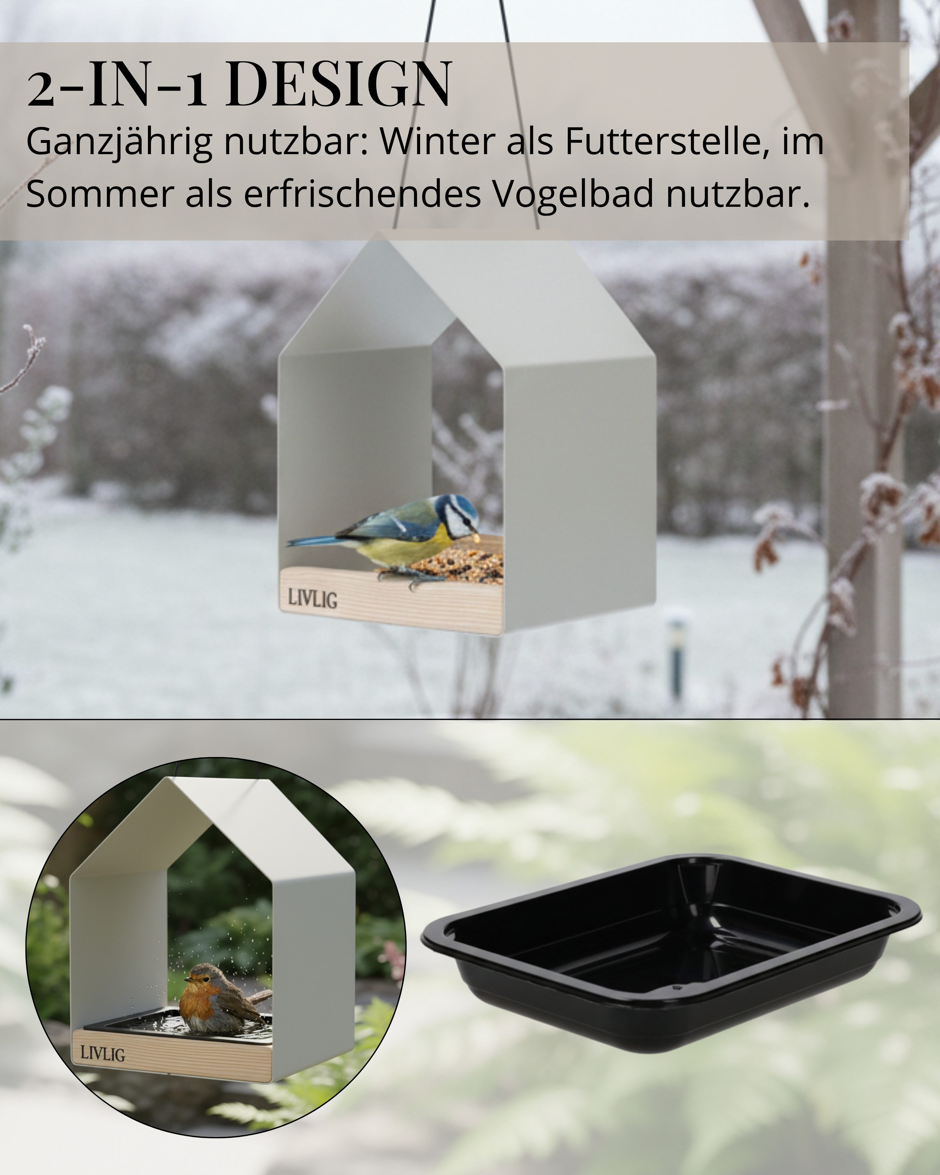 LIVLIG Vogelhaus Modernes Vogelfutterhaus, Vogelhaus zum Aufhängen aus Metall, Vogelfutterhaus & Vogeltränke zum Aufhängen oder Hinstellen