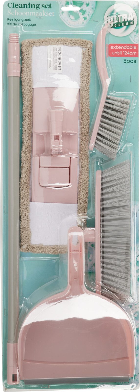 Koopman Bodenwischer-Set Bodenreiniger Handschaufel Handbesen Set Kunststoff 5tlg, (Set, 5-St., Packung), Rosa, Teleskopspiel, Kunststoff, ausziehbar 58-124cm, Besen