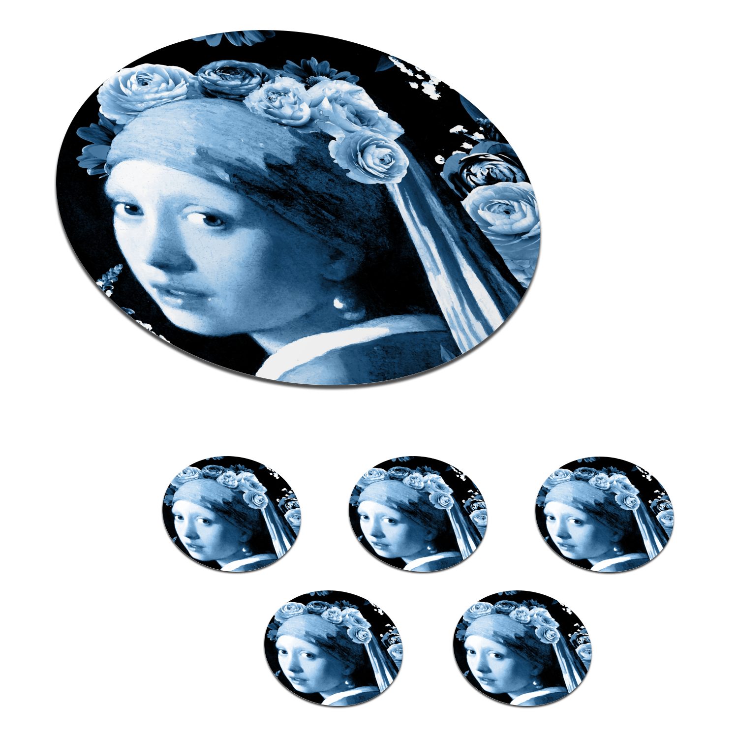 MuchoWow Glasuntersetzer Mädchen mit einem Perlenohrring - Rosen - Blau, Zubehör für Gläser, 6-tlg., Getränkeuntersetzer, Tassenuntersetzer, Korkuntersetzer, Tasse, Becher