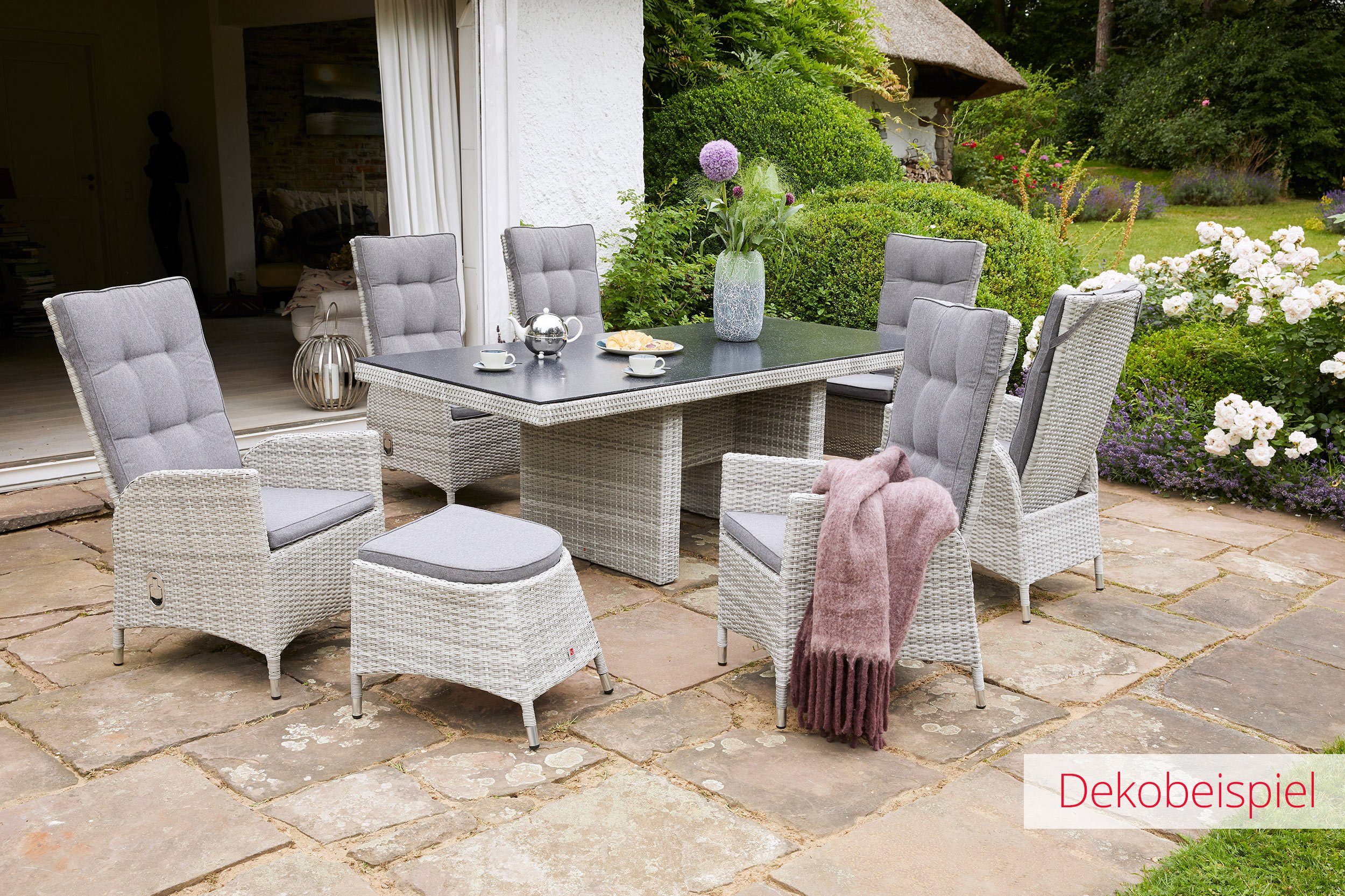 LC Garden Garten-Essgruppe LC Garden Gartenset Set I Sitzgruppe Gartenset weiß-grau, (Gartenset, 7-tlg., 1x Tisch+ 6x Stuhl), verstellbare Rückenlehne