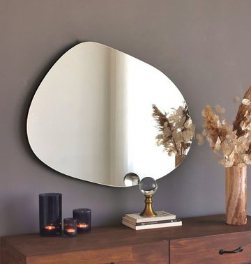 Gozos Spiegel Wandspiegel mit hölzerner Unterseite l Asymmetrischer Spiegel, Mirror Spiegel gerahmt zum Aufhängen