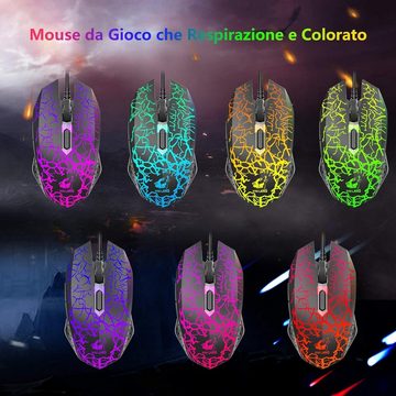 ZIYOU LANG Gaming Italienisches Layout Regenbogen LED Hintergrundbeleuchtung Tastatur- und Maus-Set, Ergonomische Keyboard 6 Tasten 2400 DPI Maus und Mauspad USB Verkabelt