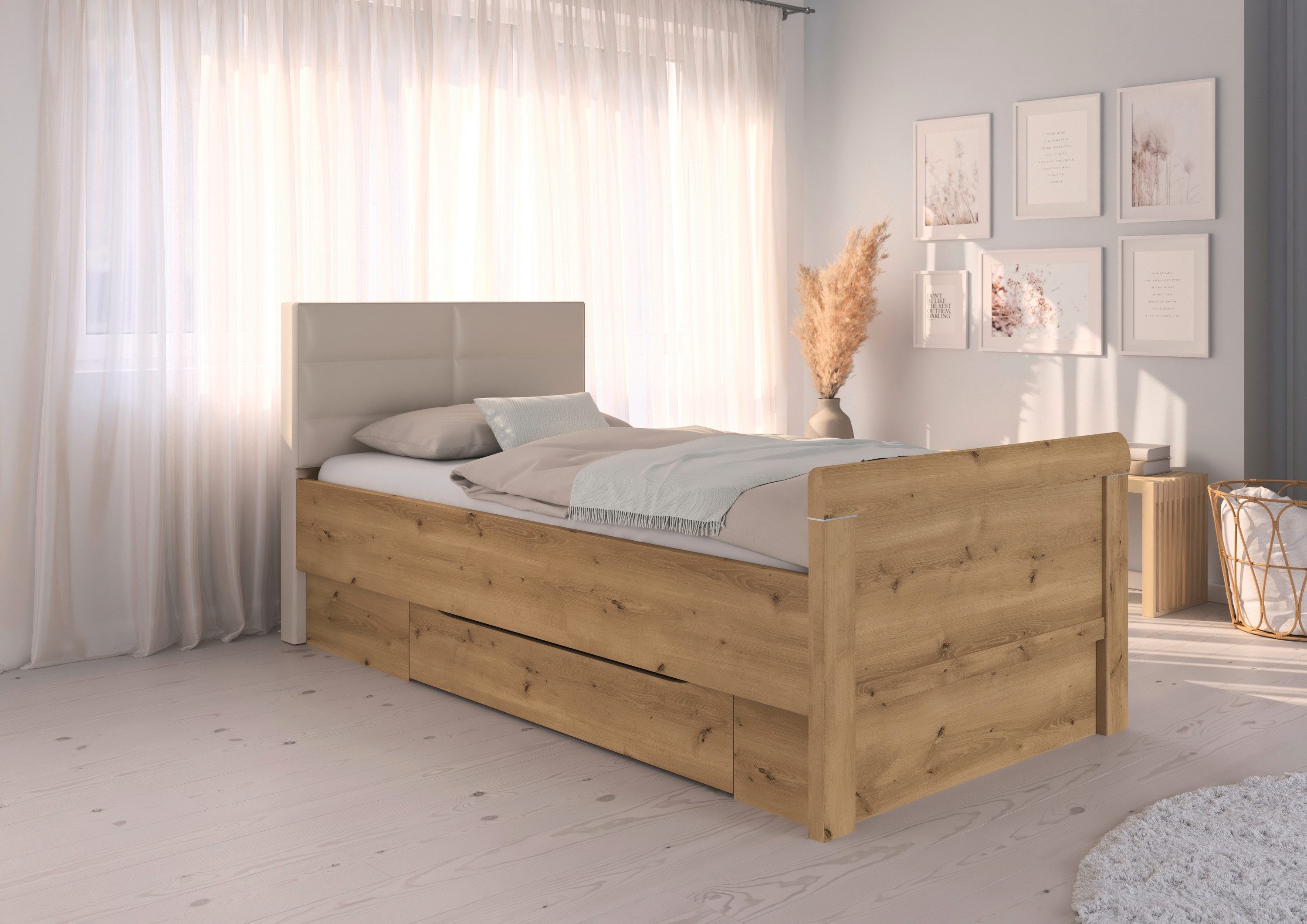 rauch Stauraumbett Bett Einzelbett Stollenbett Bettkästen EVELYN, in Komforthöhe mit Polsterkopfteil sowie Schubladen MADE IN GERMANY