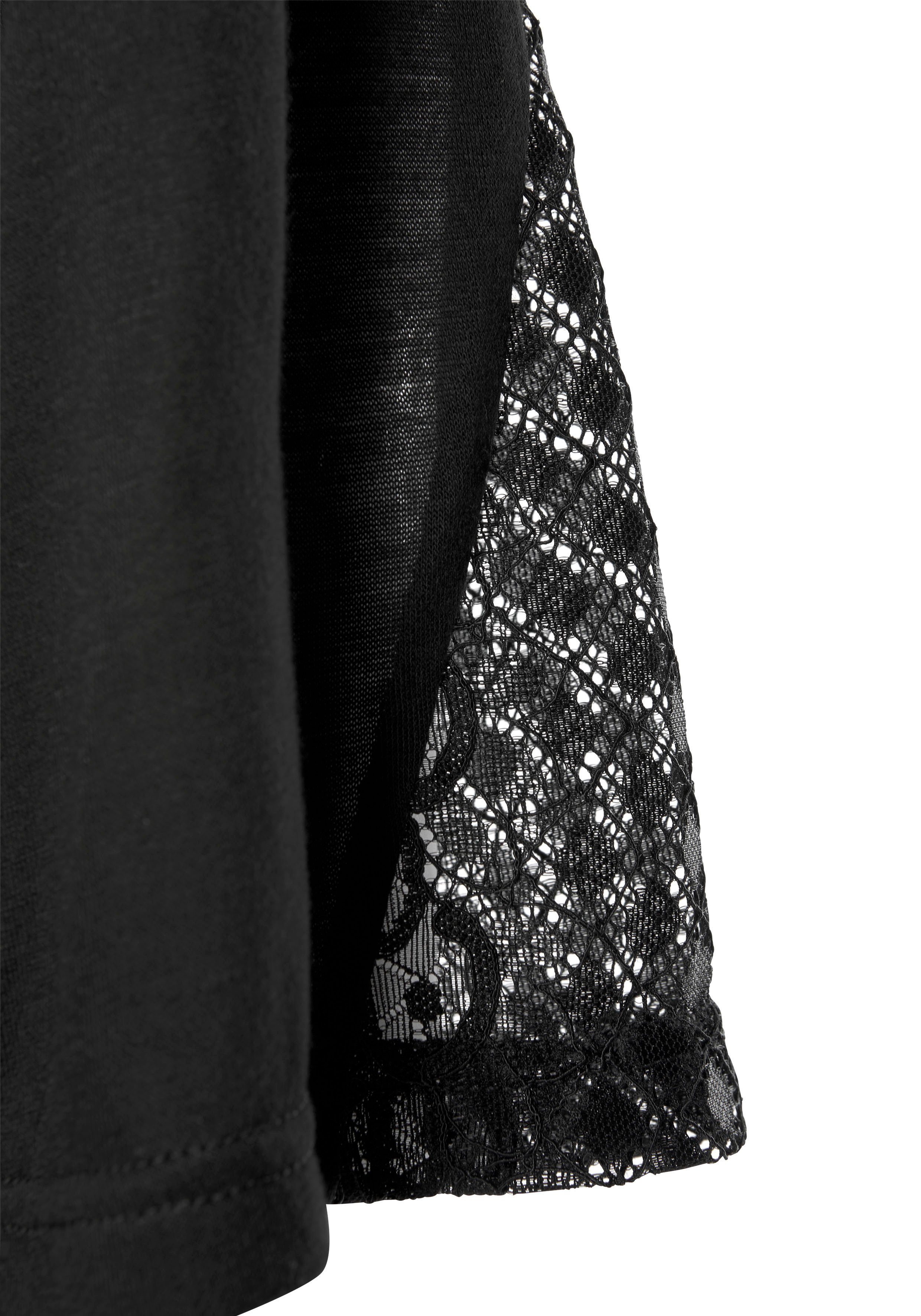 mit Gürtel, und Kurzform, LASCANA langen Kimono, Ärmeln schwarz Viskose, Spitzen-Details