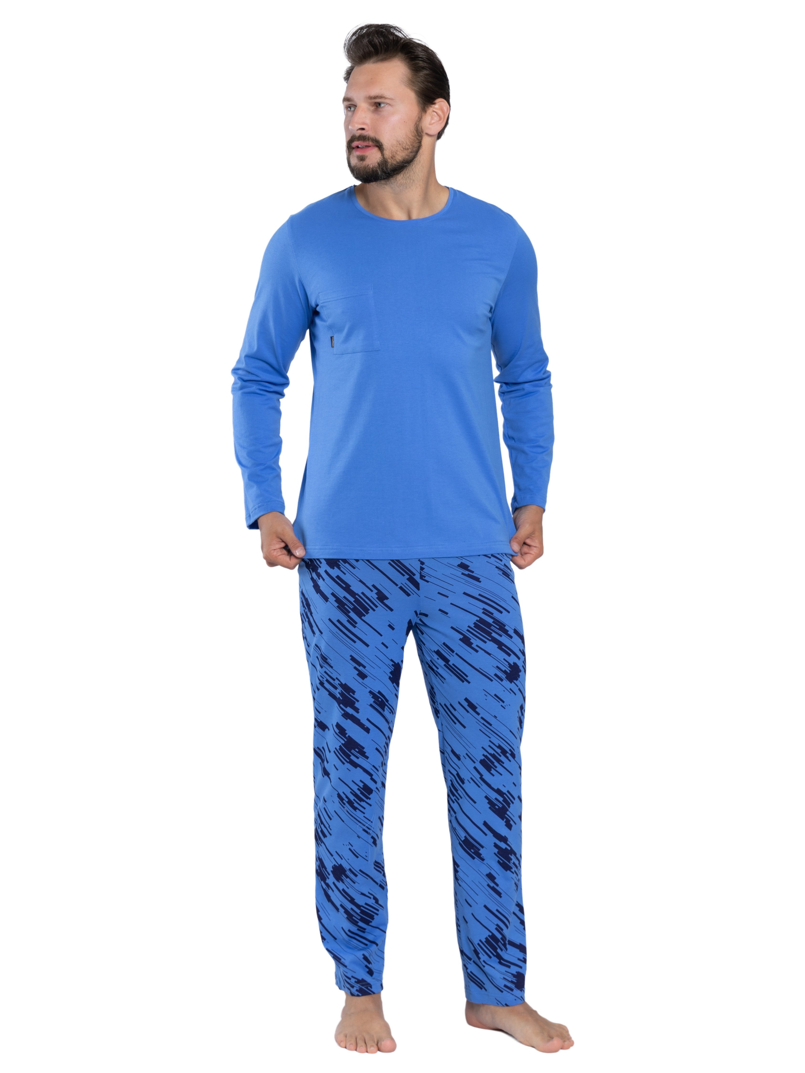 HOTBERG Pyjama Schlafanzug-Set Herren lang Baumwolle (2 tlg) Blau-Marine Nachtwäsche mit All-Over-Print