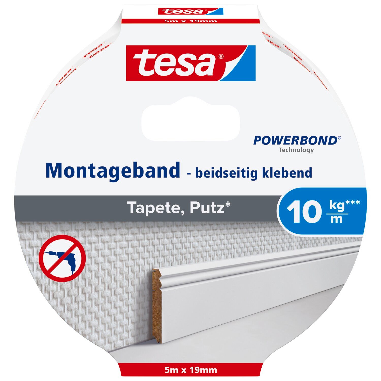 tesa Doppelklebeband POWERBOND Tapete, Putz Doppelseitiges Klebeband - 5 m : 19 mm (Packung, 1-St) Montageband extra stark - sichere Wandbefestigung ohne Bohren