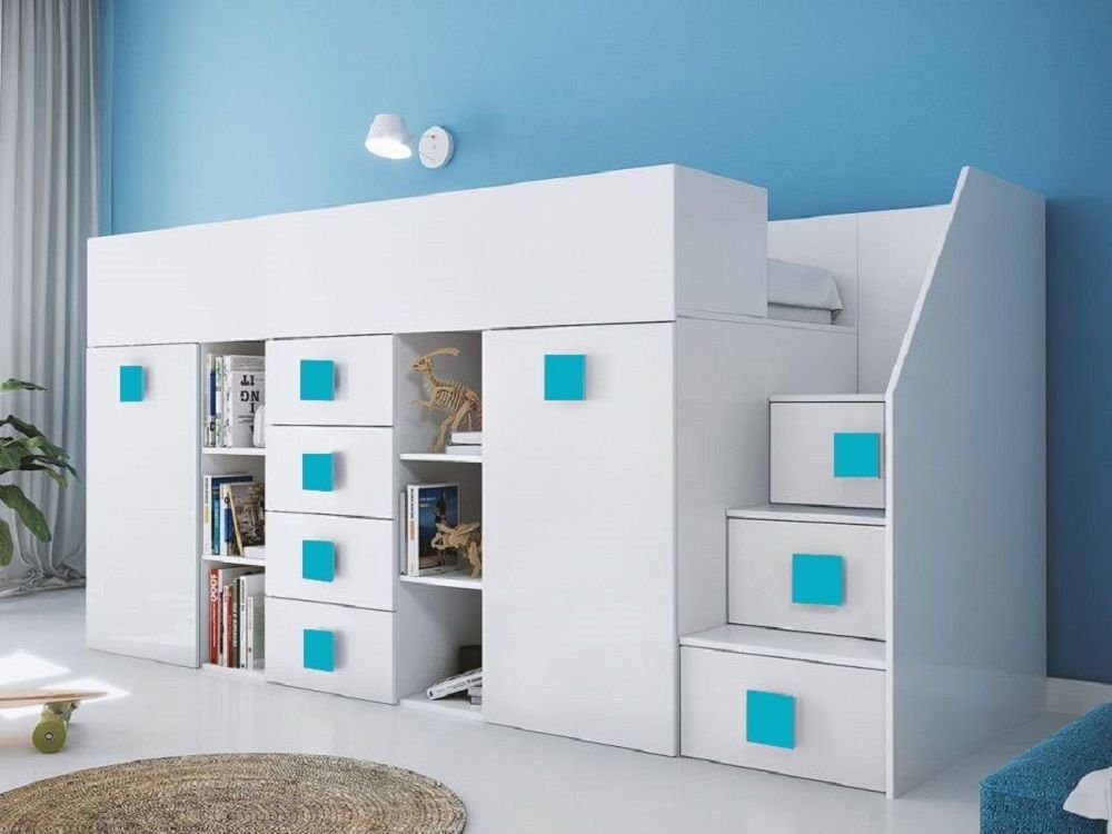 Feldmann-Wohnen Hochbett TOLEDO 3 (Etagenbett mit Schreibtisch +  Kleiderschrank) Farbe wählbar - Treppe rechts