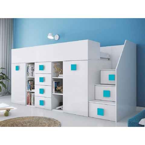 Feldmann-Wohnen Hochbett TOLEDO 3 (Etagenbett mit Schreibtisch + Kleiderschrank) Farbe wählbar - Treppe rechts