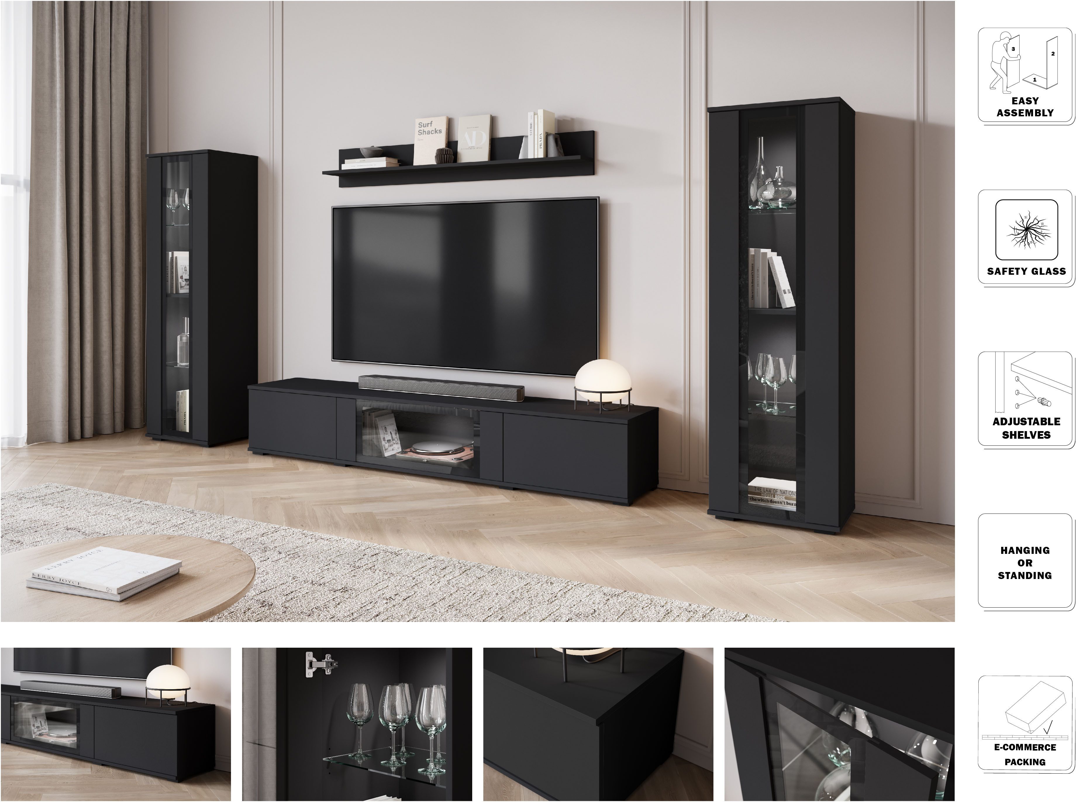 Home affaire Wohnwand Caro, stehend und hängend montierbar, (Komplett-Set, 4-St., Vitrine Türanschlag links/rechts wechselbar), grifflose Design, höhenverstellbare Einlegeböden