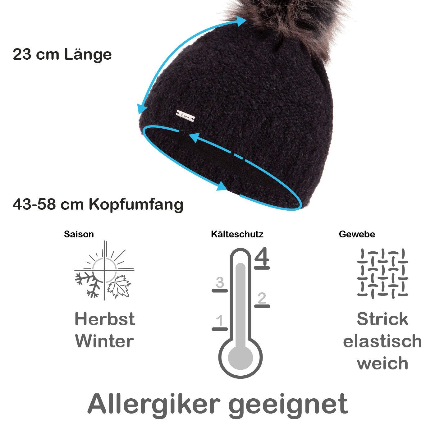 Bommelmütze schwarz Beanie Haube Damen Mütze Wintermütze Strickmütze Winter gefüttert Faera