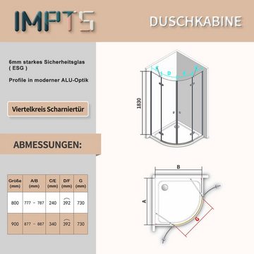 IMPTS Runddusche Duschkabine Viertelkreis Runddusche B & T: 80/90 x H: 185/195 cm, BxT: 80x80 cm, Sicherheitsglas, Multi-Size, Duschkabine Viertelkreis Rund Dusche Rahmenlos Duschabtrennung