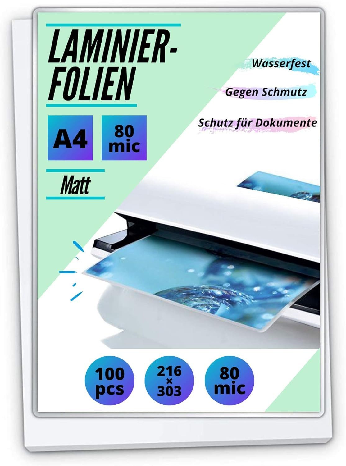 MK Vertriebs KG Schutzfolie 100 Laminierfolien DIN A4 - 2x 80 Mic - beidseitig matt, 100% wasserdicht, extrem reißfest und stabil