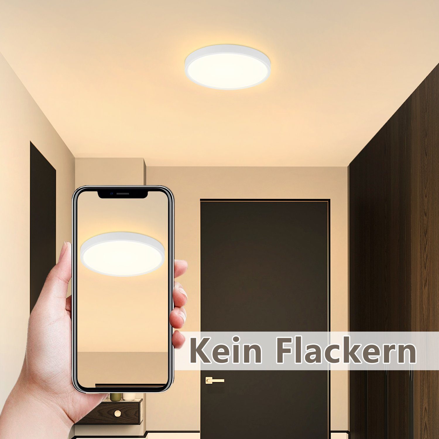 fest Klein IP44 Küche WeißFlach Nettlife Rund Deckenbeleuchtung LED Deckenleuchte 8W Schlafzimmer Balkon integriert, für Ø17CM, Flur Badezimmer Panel Wasserdicht, Warmweiß, LED