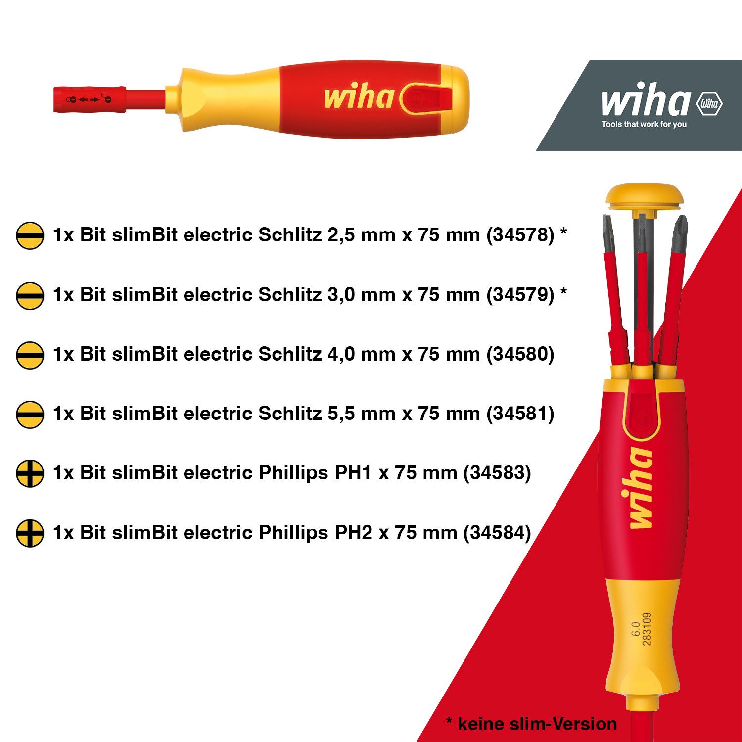 Wiha Schraubendreher LiftUp electric Schlitz (38612), Phillips mit 6 slimBits, 1000V Sicherheit, Multifunktional, Elektriker