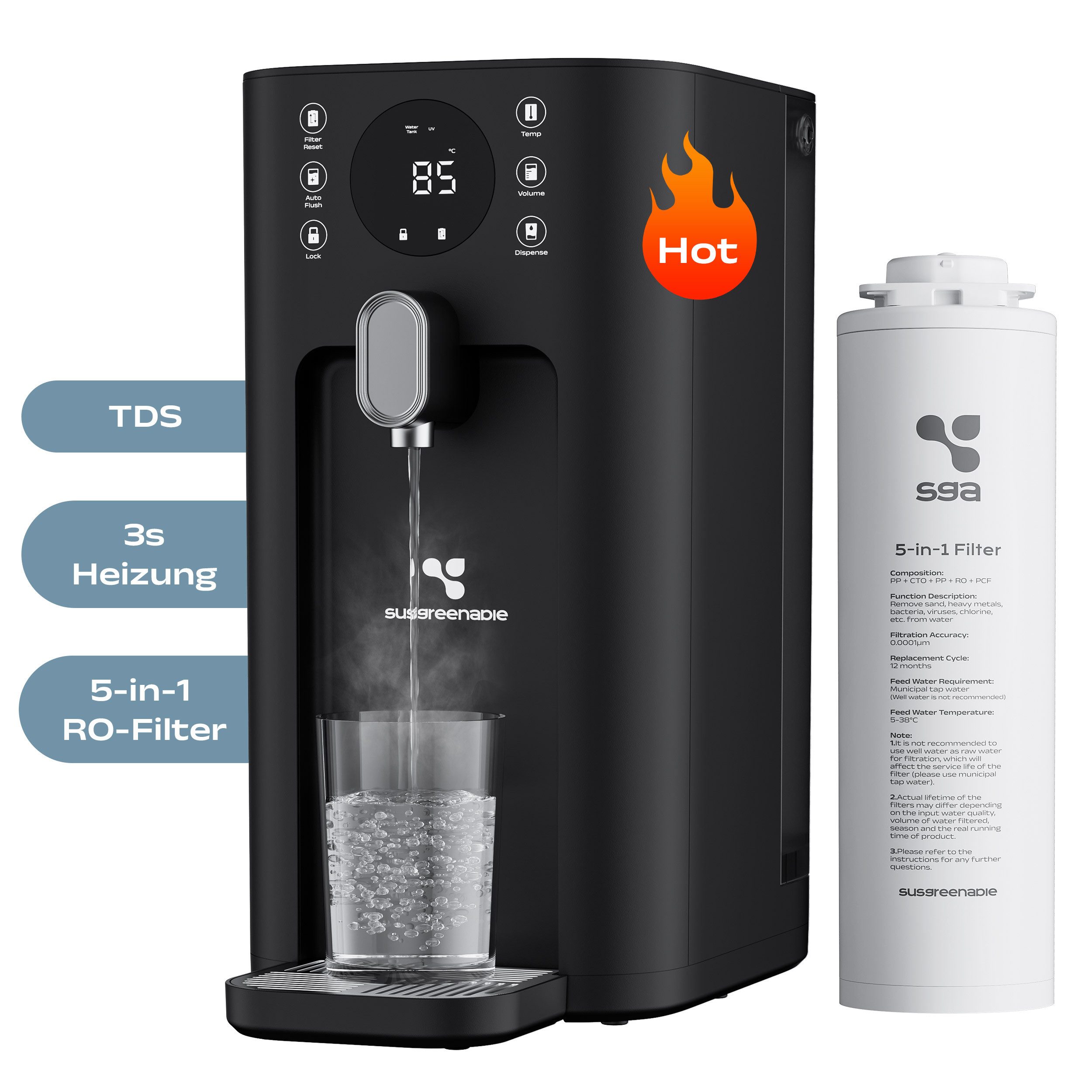 susgreenable Wasserfilter SGIWDR03-B UV tragbarer Umkehrosmoseanlage Wasserreiniger, Zubehör für 45°C - 100°C Trinkwasser Osmoseanlage, 5-stufige Umkehrosmose Filter, 2:1 Rein zu Abfluss, TDS Filter-Monitor