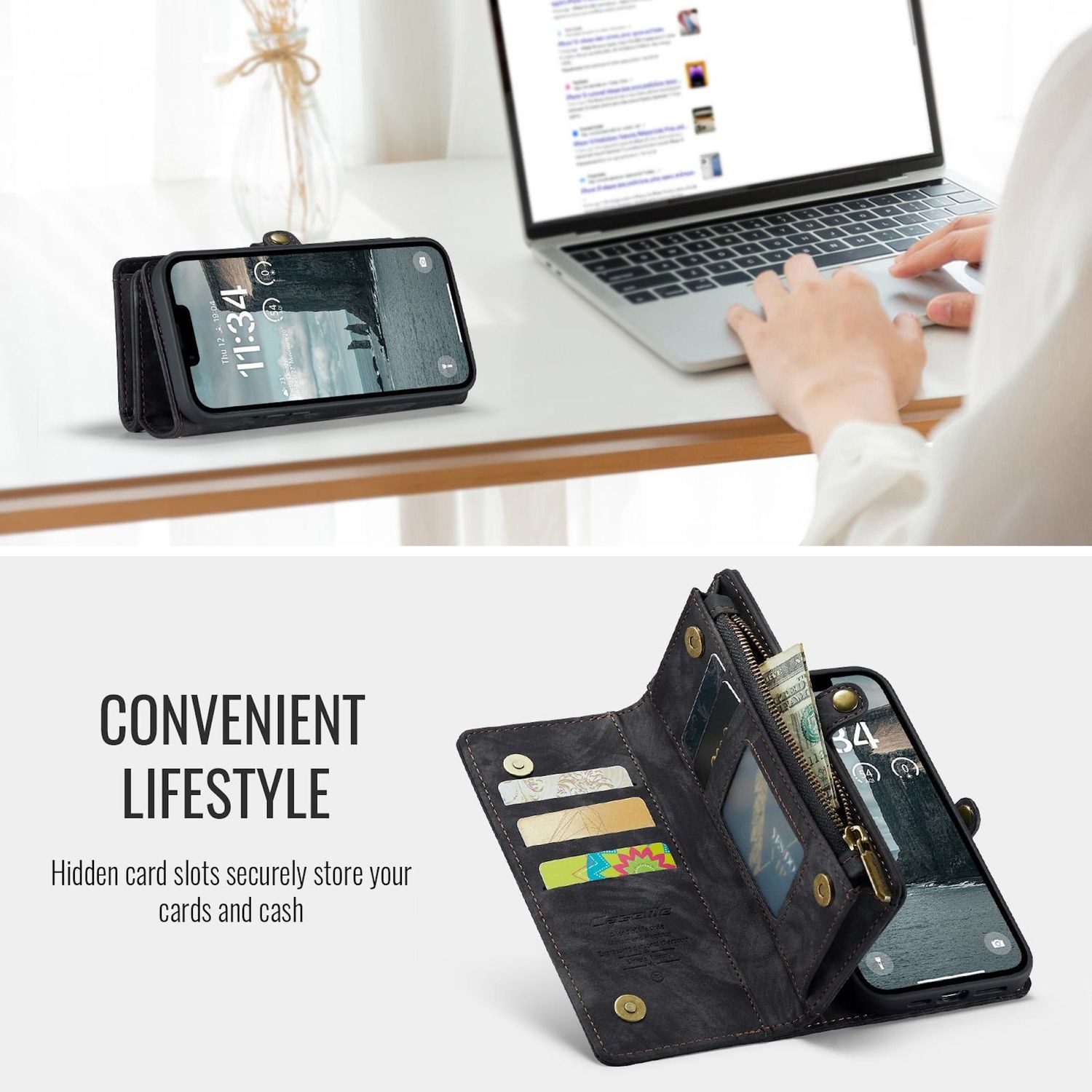 CaseMe Handyhülle Klapptasche für Apple iPhone 17e / 16e Kunstleder Multifunktion Zipper, Kunstleder Schutz Tasche Smart Case Multifunktion