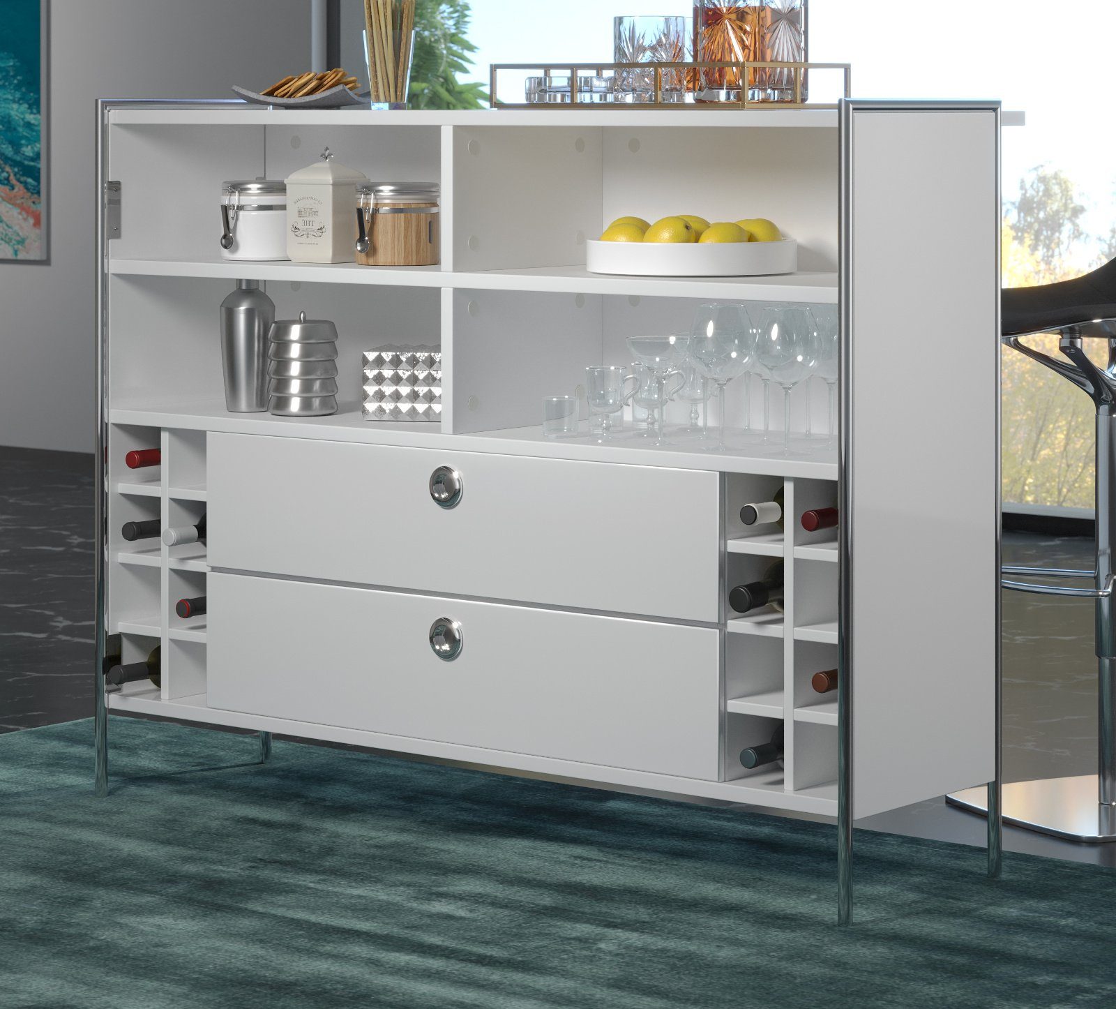 trendteam Barschrank Infinity (Hausbar in weiß Hochglanz Lack mit Chrom, 140 x 109 cm) mehrschichtig lackiert