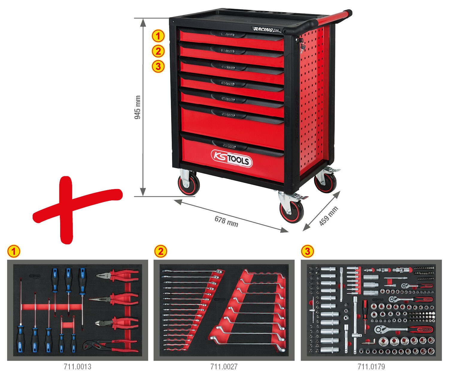 KS Tools Werkstattwagen RACINGline SCHWARZ/ROT, (215-tlg), Mit 7 Schubladen und 215 Premium-Werkzeugen