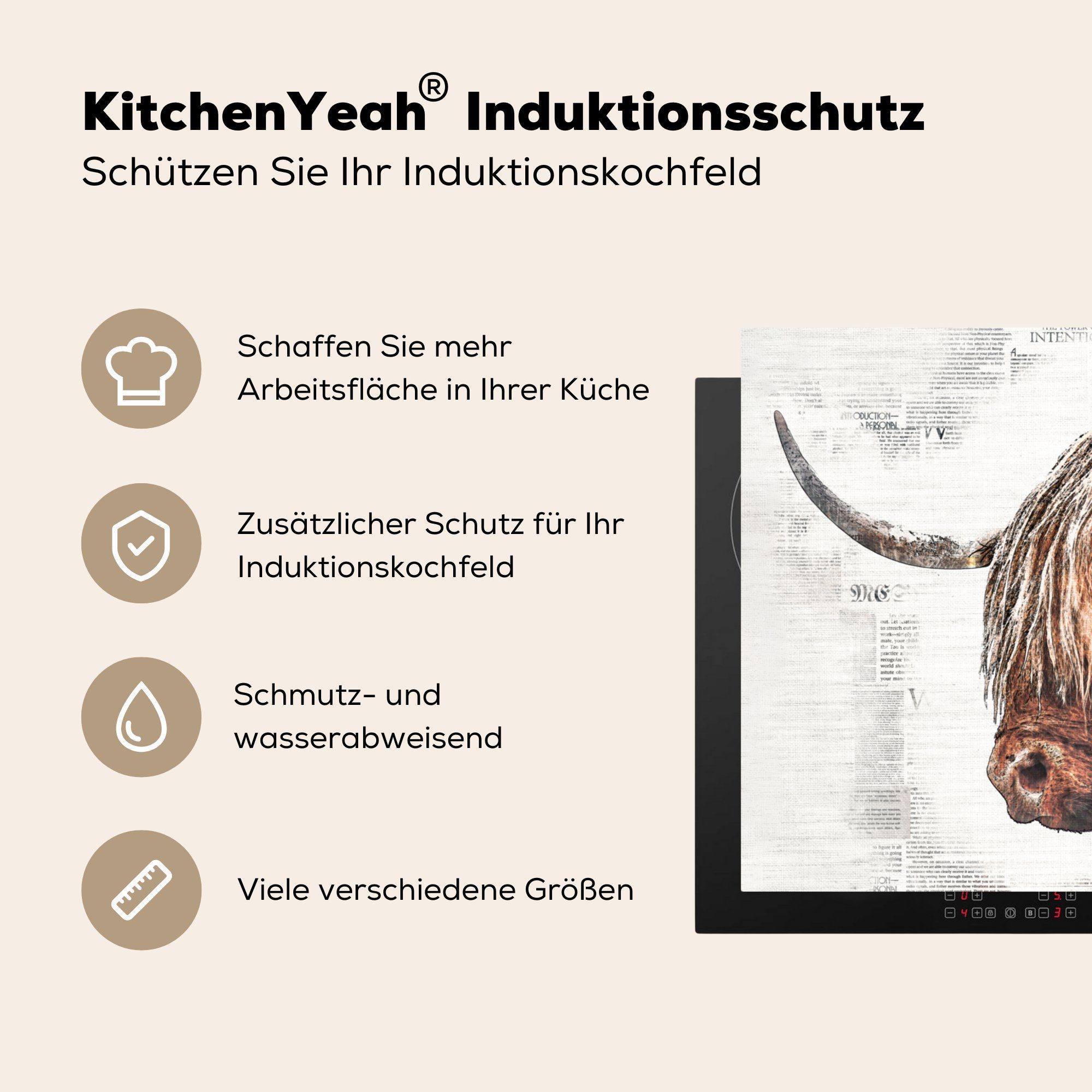 - küche Vinyl, Zusammenfassung - MuchoWow Scottish Highlander Arbeitsplatte (1 für Ceranfeldabdeckung, Herdblende-/Abdeckplatte cm, tlg), Zeitungsartikel, 78x78