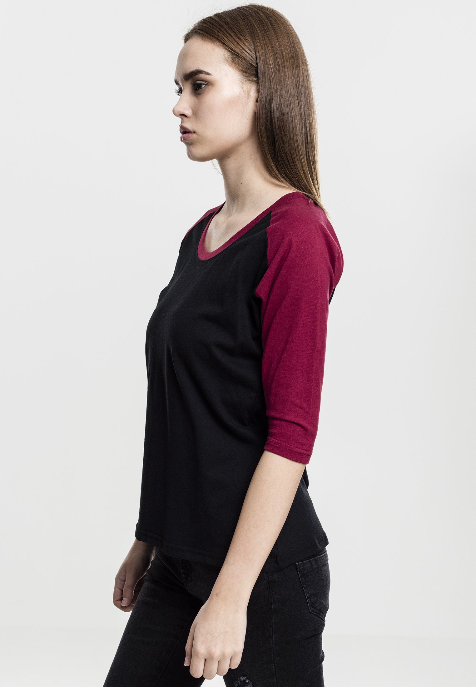 URBAN CLASSICS Damen Tee black/burgundy Ladies Kurzarmshirt Raglan Contrast 3/4 (1-tlg)