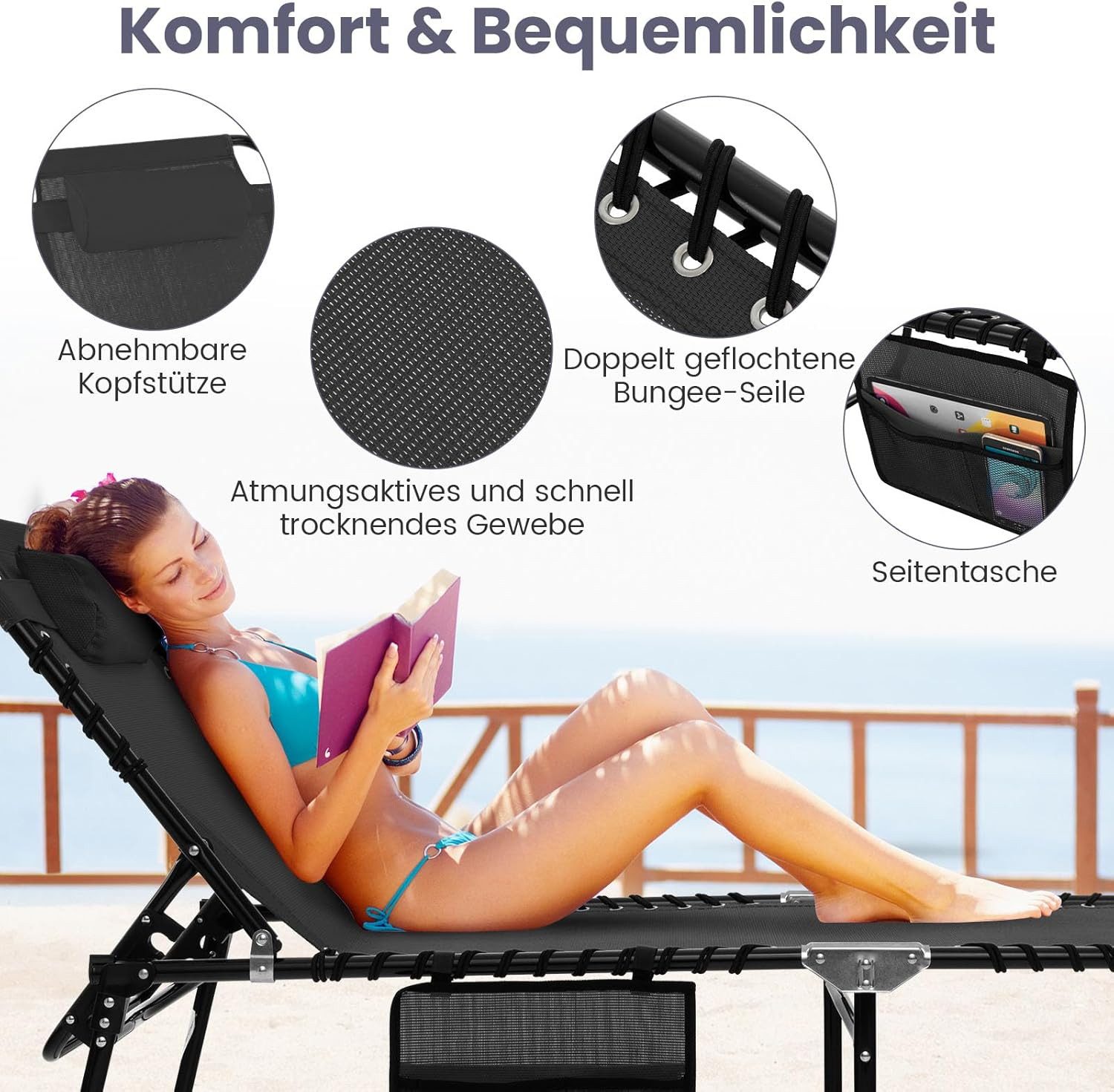 KOMFOTTEU Campingliege Klappbare Sonnenliege Wasserdicht Liegestuhl – Bild 3 von 5