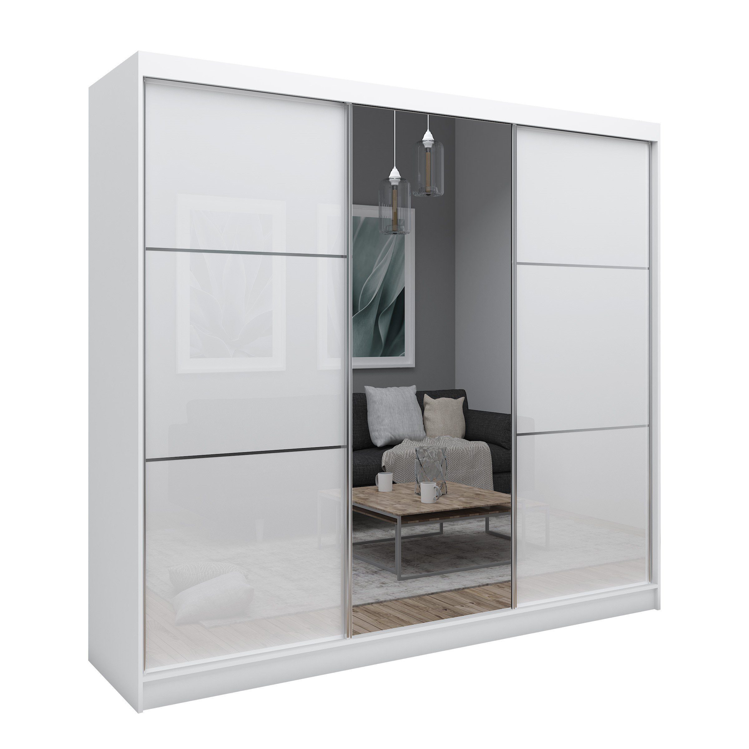 Compleo Schwebetürenschrank CINZIA, Schrank mit Lacobel Glas (240 cm, mit oder ohne Spiegel) Garderobe