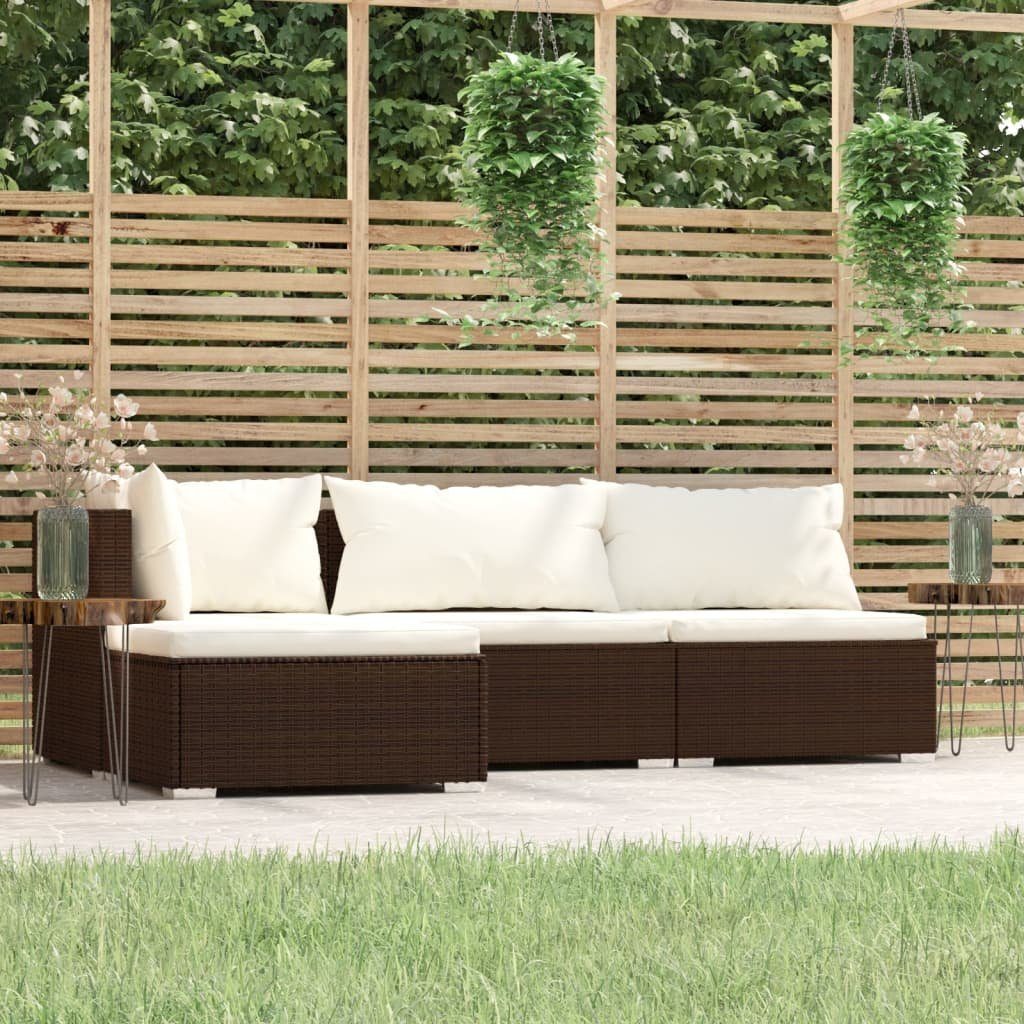 vidaXL Gartenlounge-Set 4-tlg. Garten-Lounge-Set mit Auflagen Braun Poly Rattan, (1-tlg)
