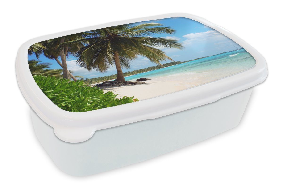 MuchoWow Lunchbox Palme - Meer - Tropisch, Kunststoff, (2-tlg), Brotbox für Kinder und Erwachsene, Brotdose, für Jungs und Mädchen weiß