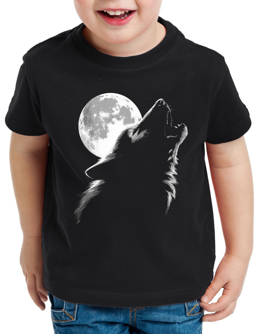 rudel T-Shirt style3 Wolf Print-Shirt Kinder Vollmond Heulender bei wald