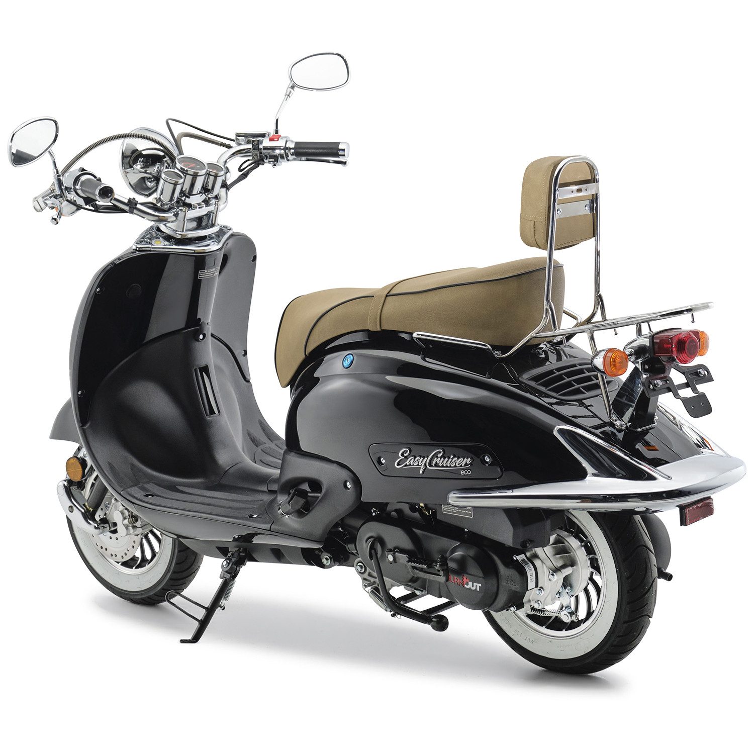 Burnout Motorroller EasyCruiser Eco Schwarz, 50 ccm, 45 km/h, Euro 5, Unverwechselbares Retro Design, Moped mit USB Ladedose für Handy Navi