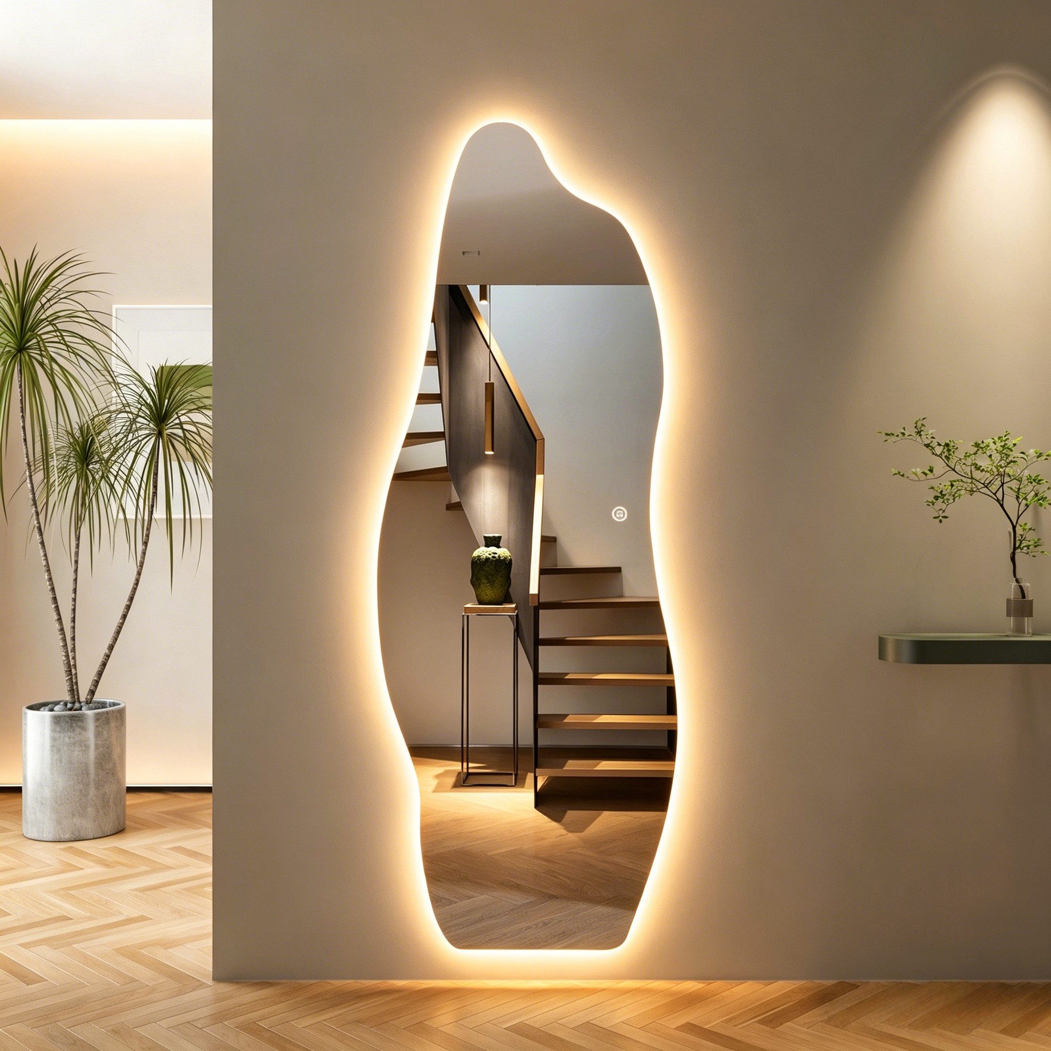 WDWRITTI Ganzkörperspiegel Rahmenlos LED Ganzkörperspiegel Wandspiegel groß asymmetrisch (Flurspiegel Modern mit 3Lichtfarben, Dimmbar, Speicherfunktion, 165x60cm), für Wohnzimmer Schlafzimmer Garderobe Flur Friseurladen